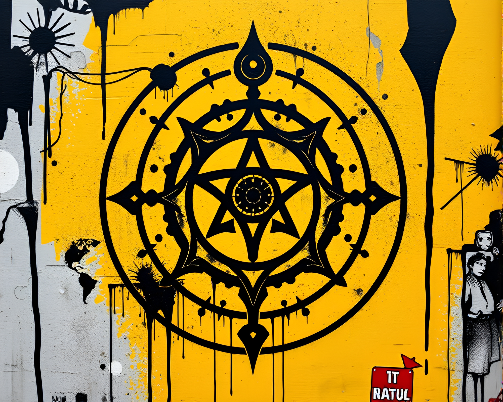 Monochrome Mustard Yellow Esoteric Sigil Street Art – free AI stock image
