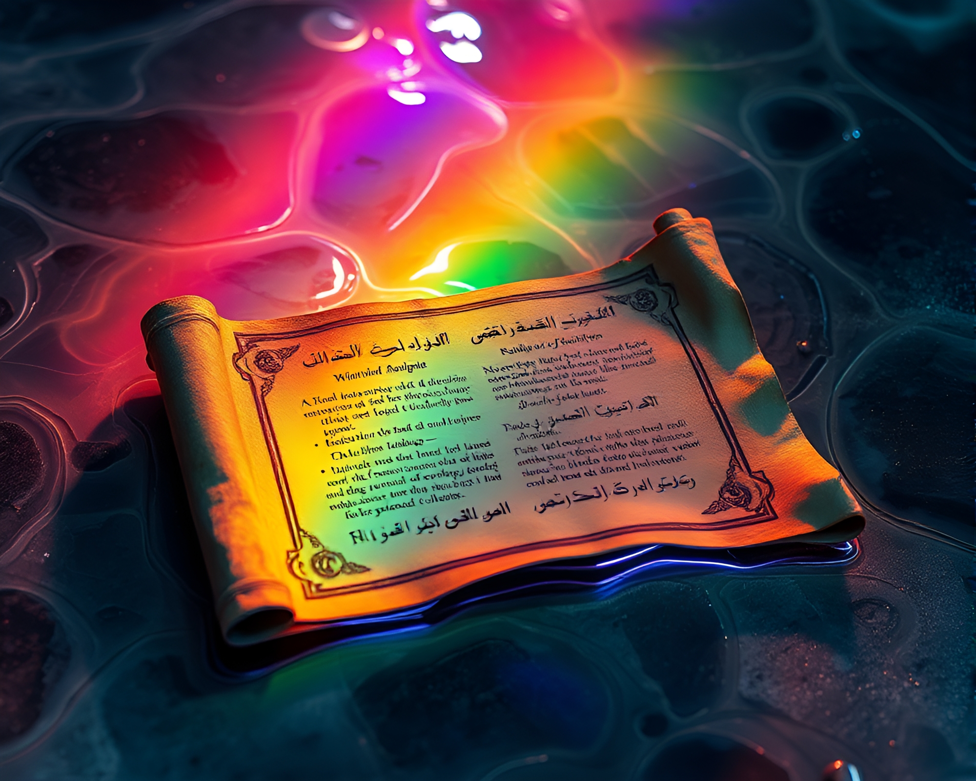 Phosphorescent Ancient Scroll: Oil Slick Rainbow Art – free AI stock image