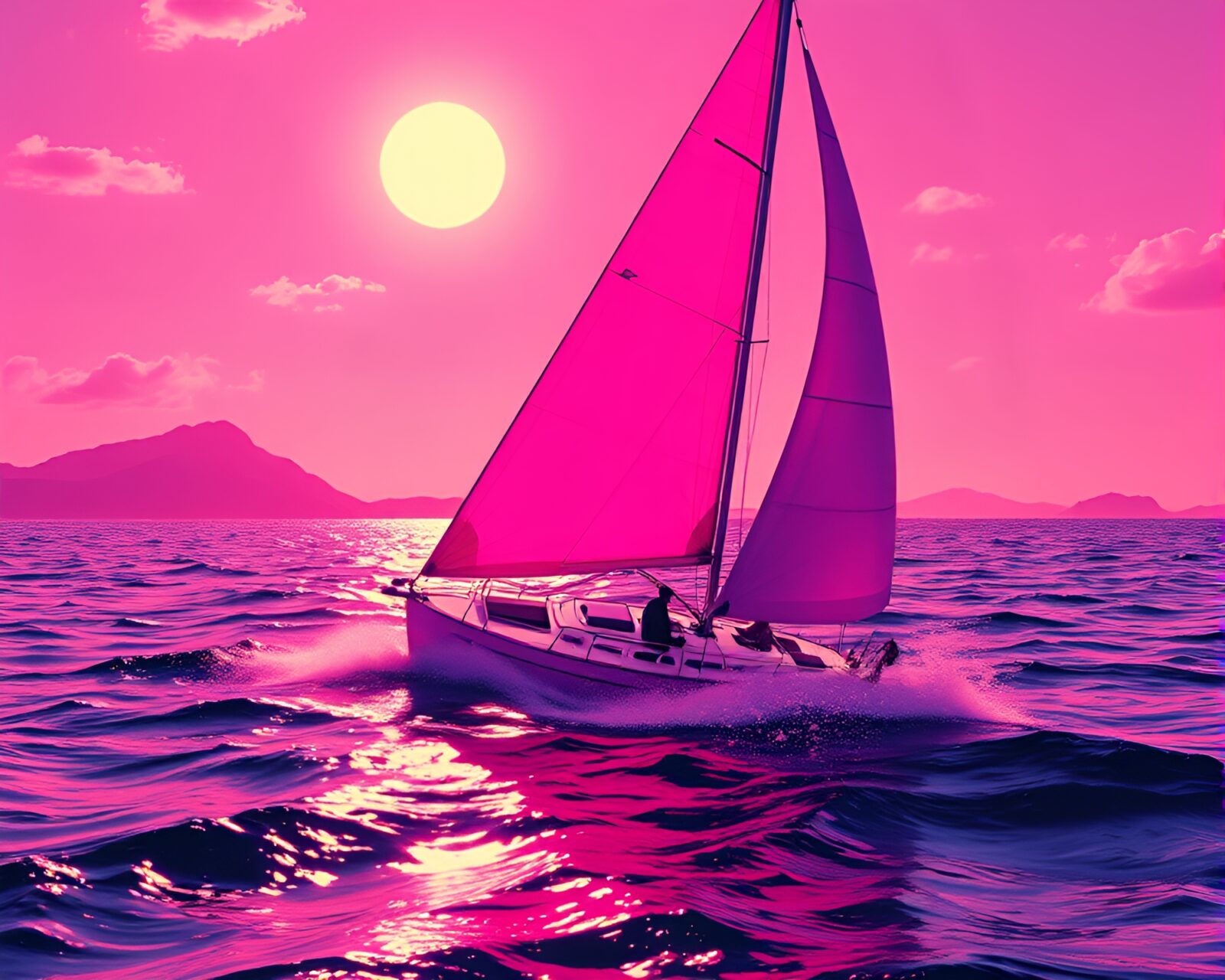 A close-up view of a solar sailboat against a magenta sky