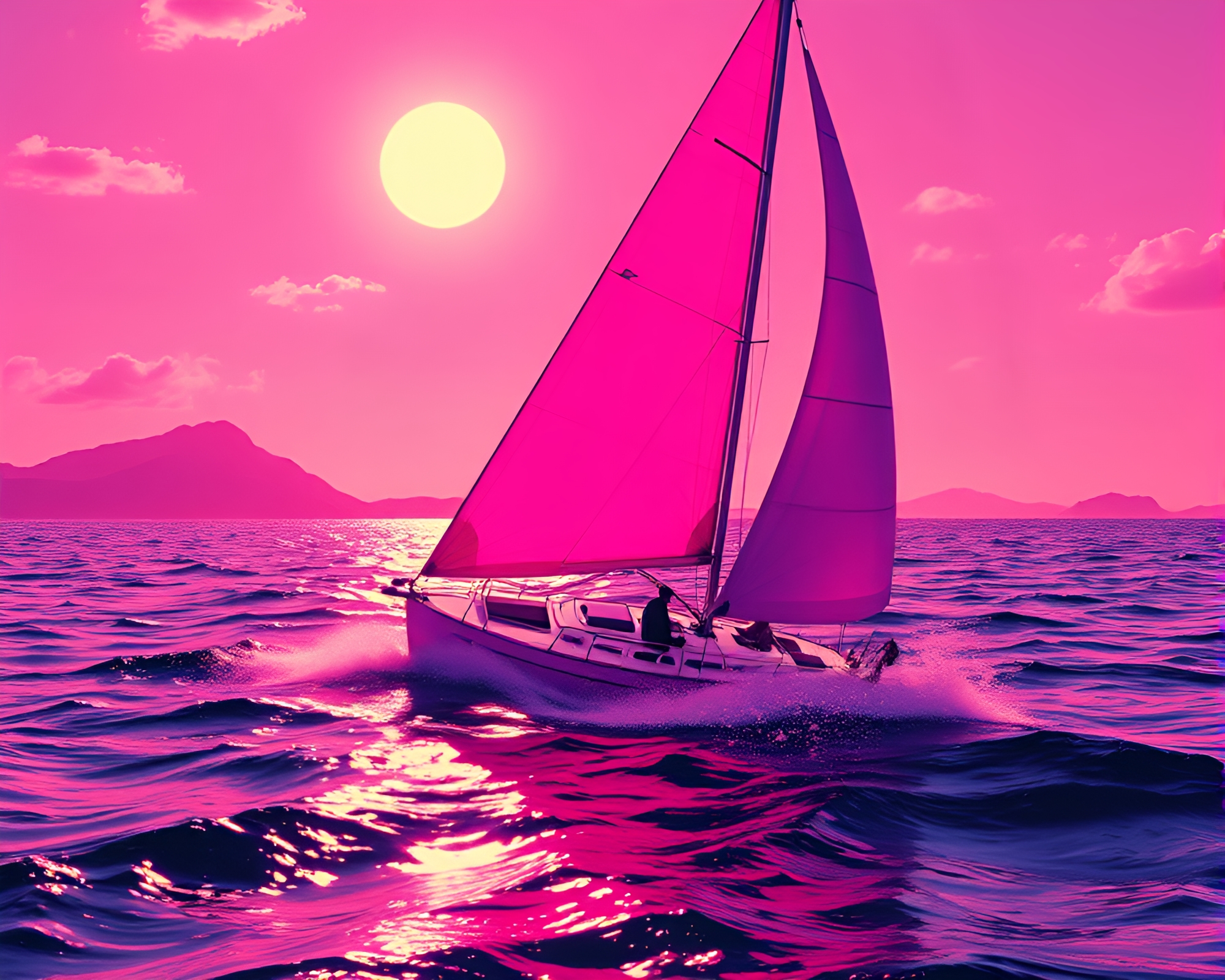 Surreal Solar Sailboat in Magenta Sunset Mirage – free AI stock image