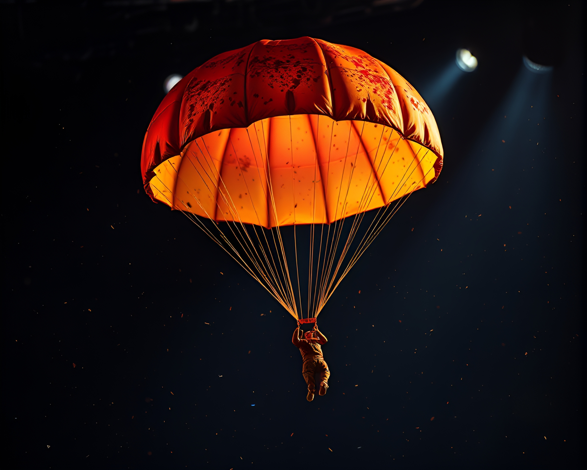 Rust Flake Parachute Jumper in Hologram Spotlight – free AI stock image