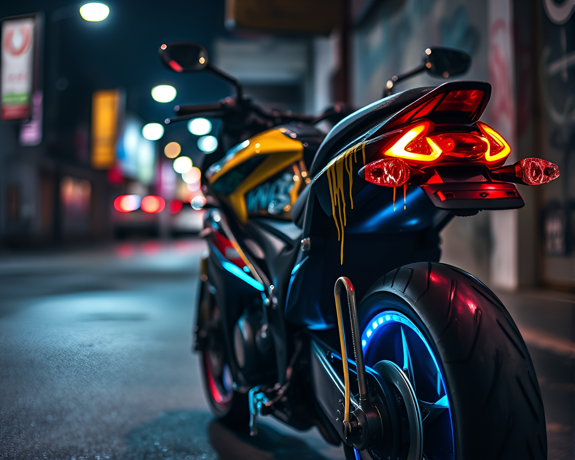 Neon Motorcycle in Graffiti Drips Artwork – free AI stock image