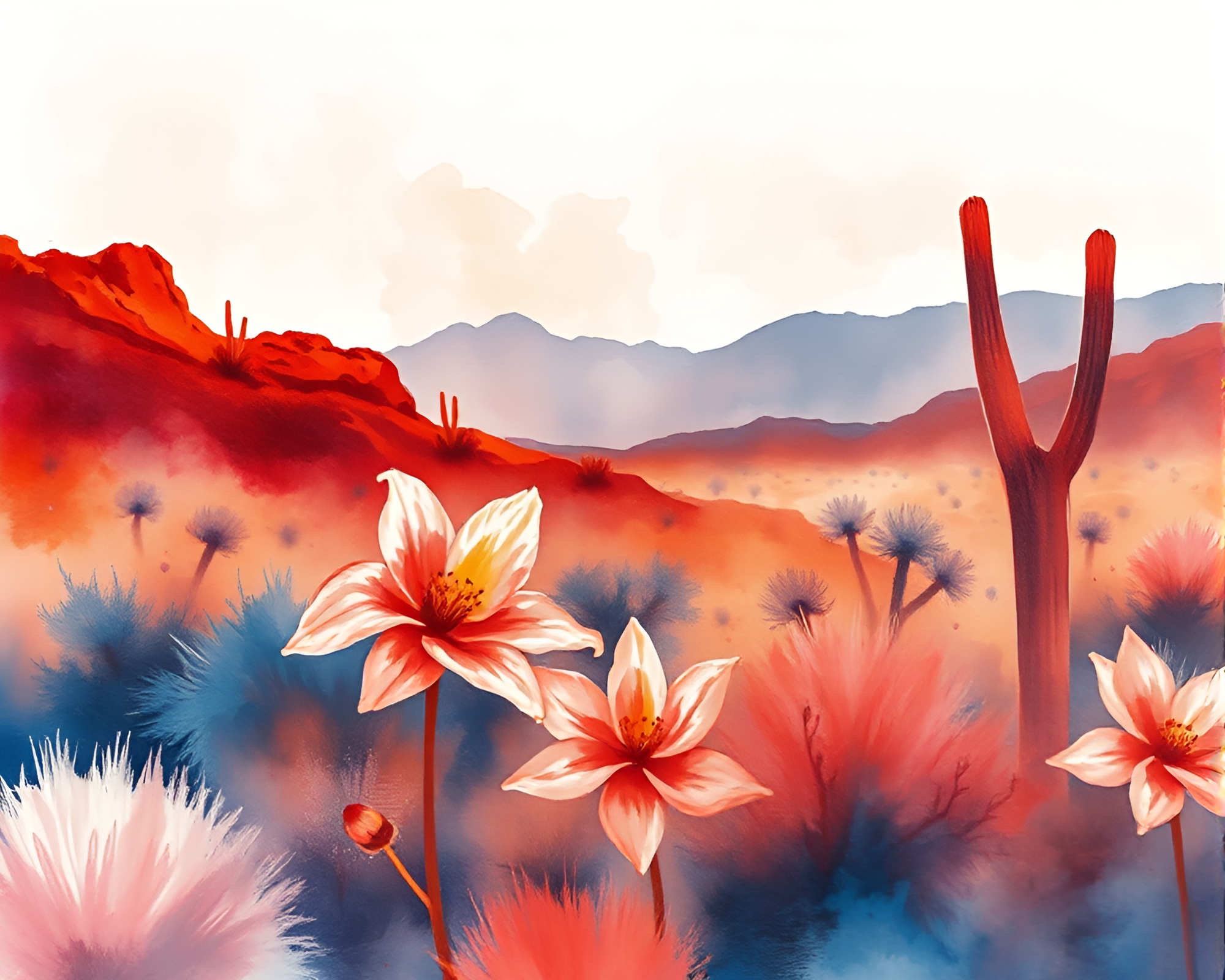 Desert Mirage: Watercolor Blooms in Infrared Sumi-e – free AI stock image