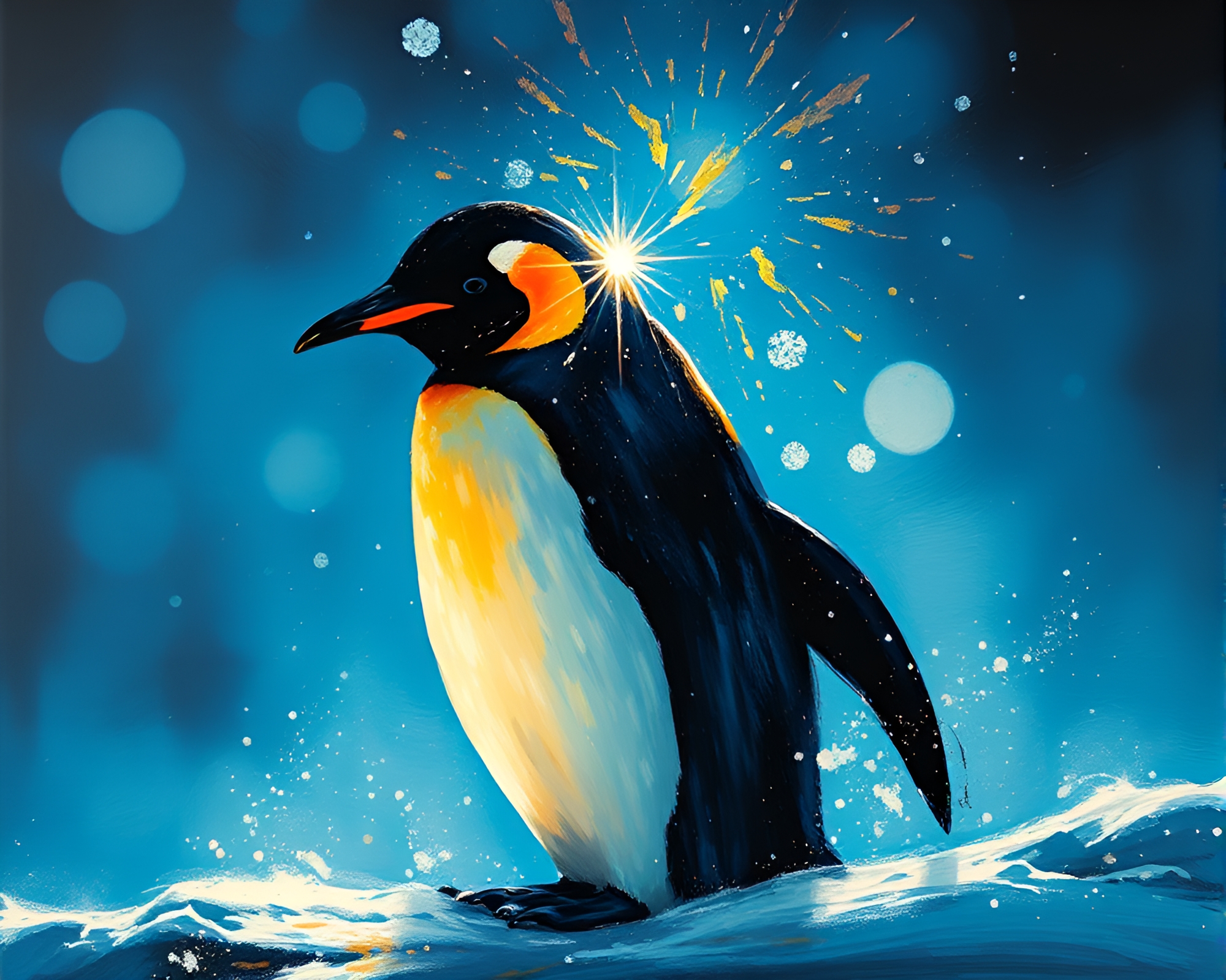 Penguin Double Exposure with Solar Flare Glow – free AI stock image