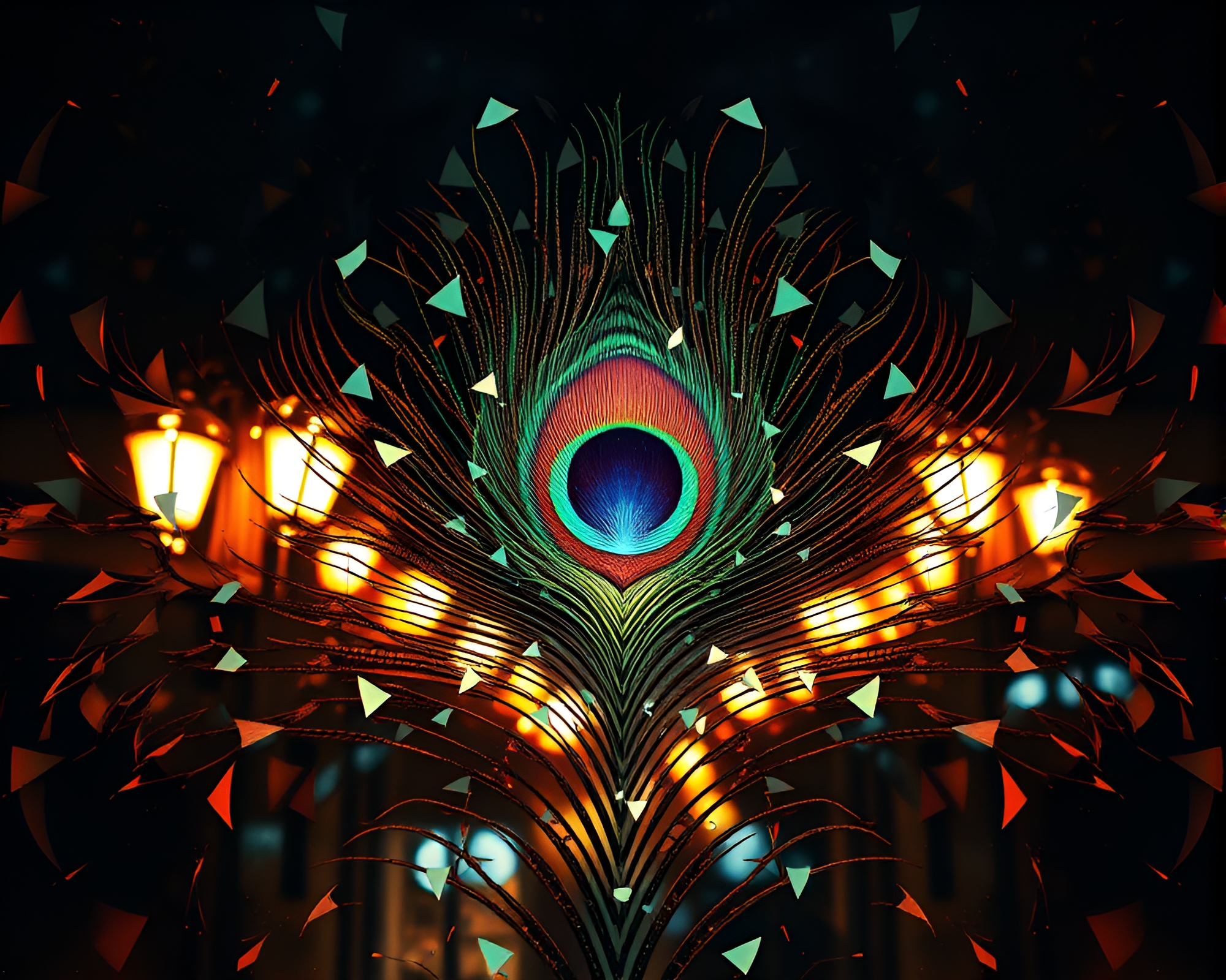 Peacock feather kaleidoscope in dystopian streetlamp glow – free AI stock image