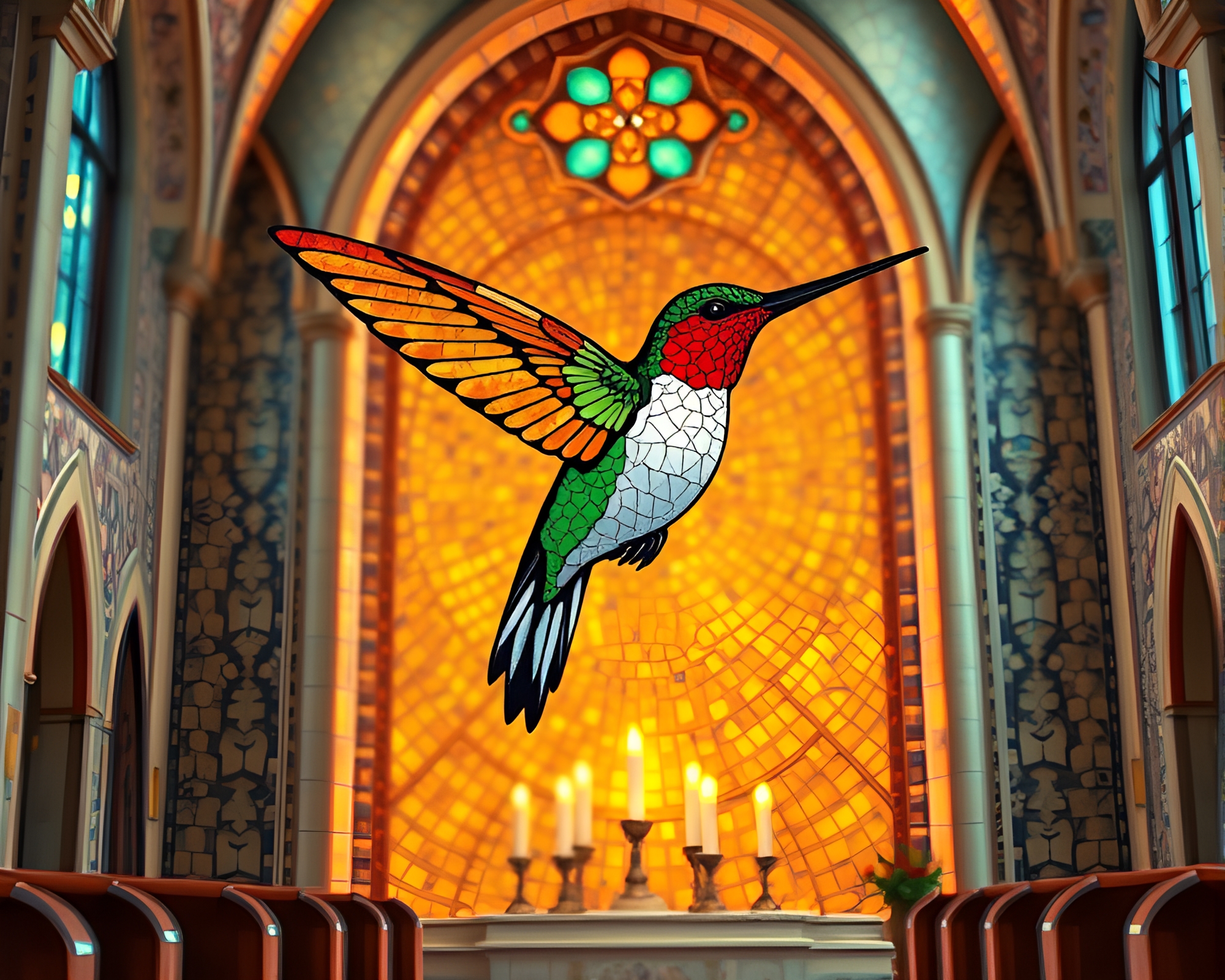 Hummingbird Mosaic in Church Candlelight: Architectural Rendering – free AI stock image