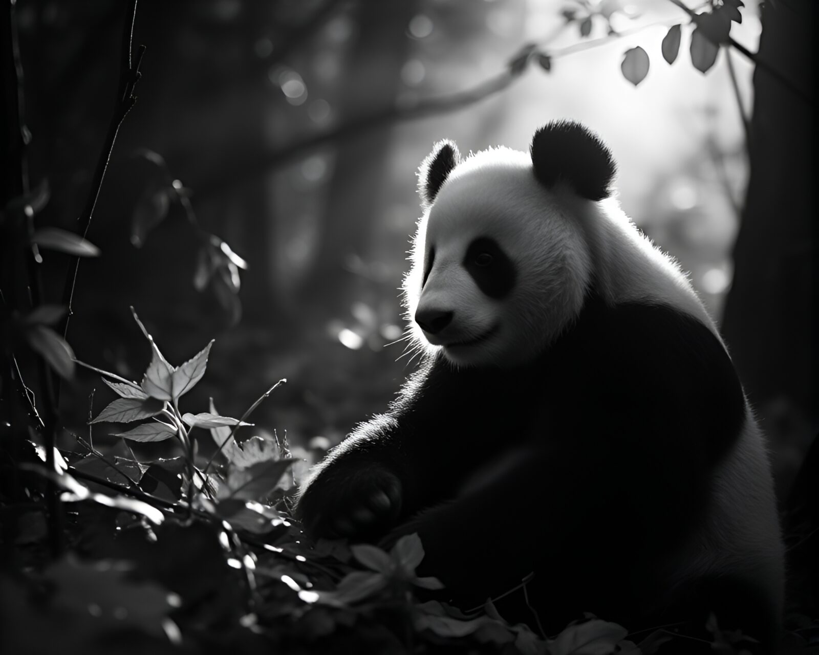 High-contrast image of panda in leaf litter at sunrise