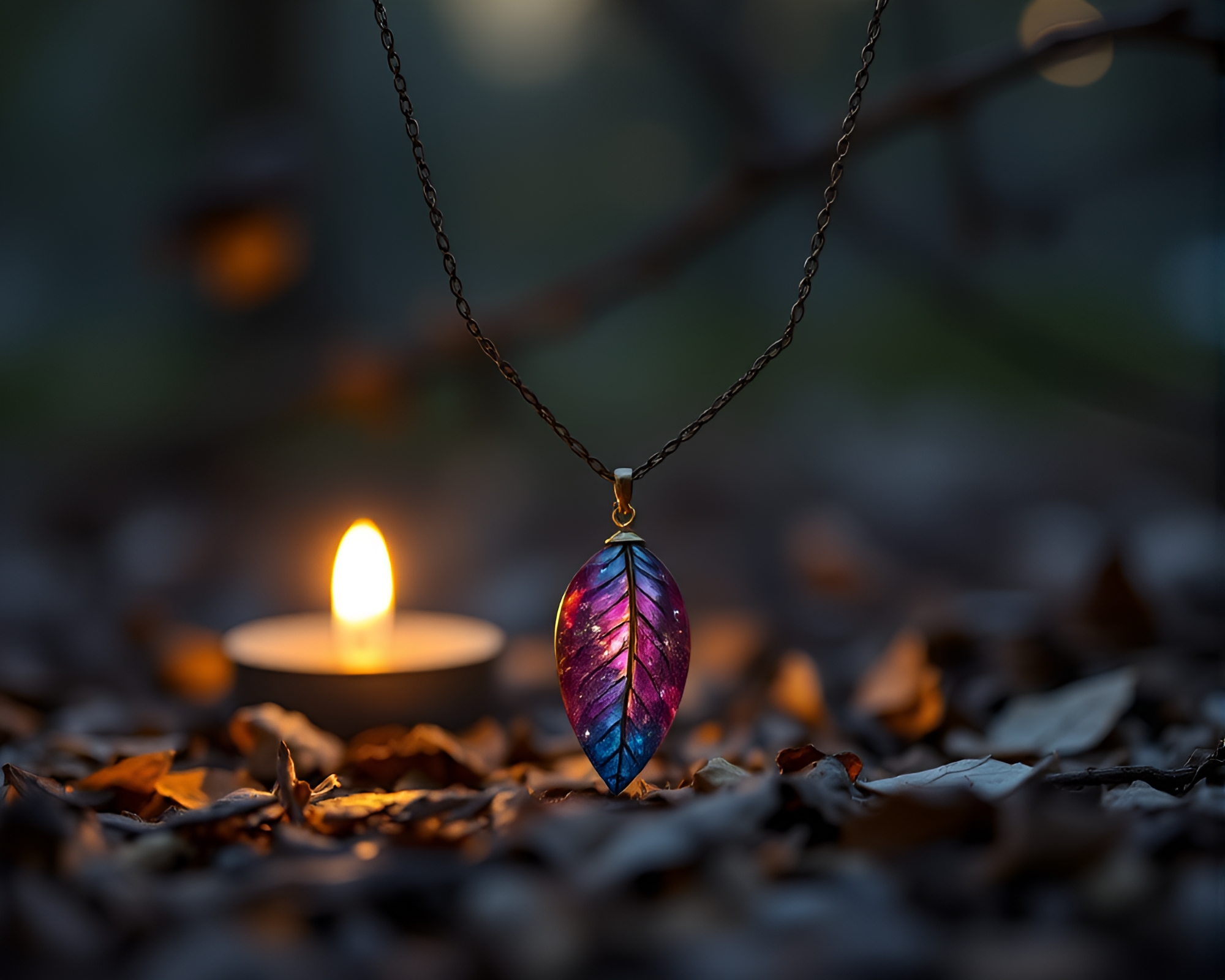 Sapphire Necklace Illuminated by Candlelight on Leaf Litter – free AI stock image