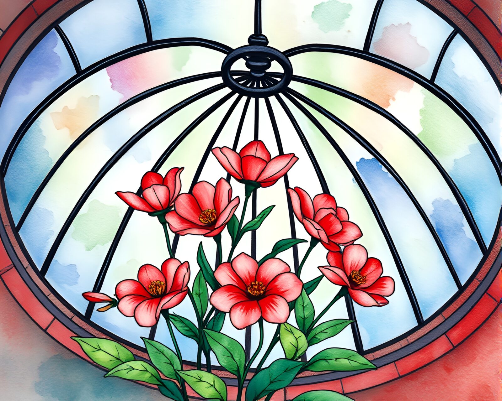 Watercolor blooms surrounded by stained glass dome in warm light