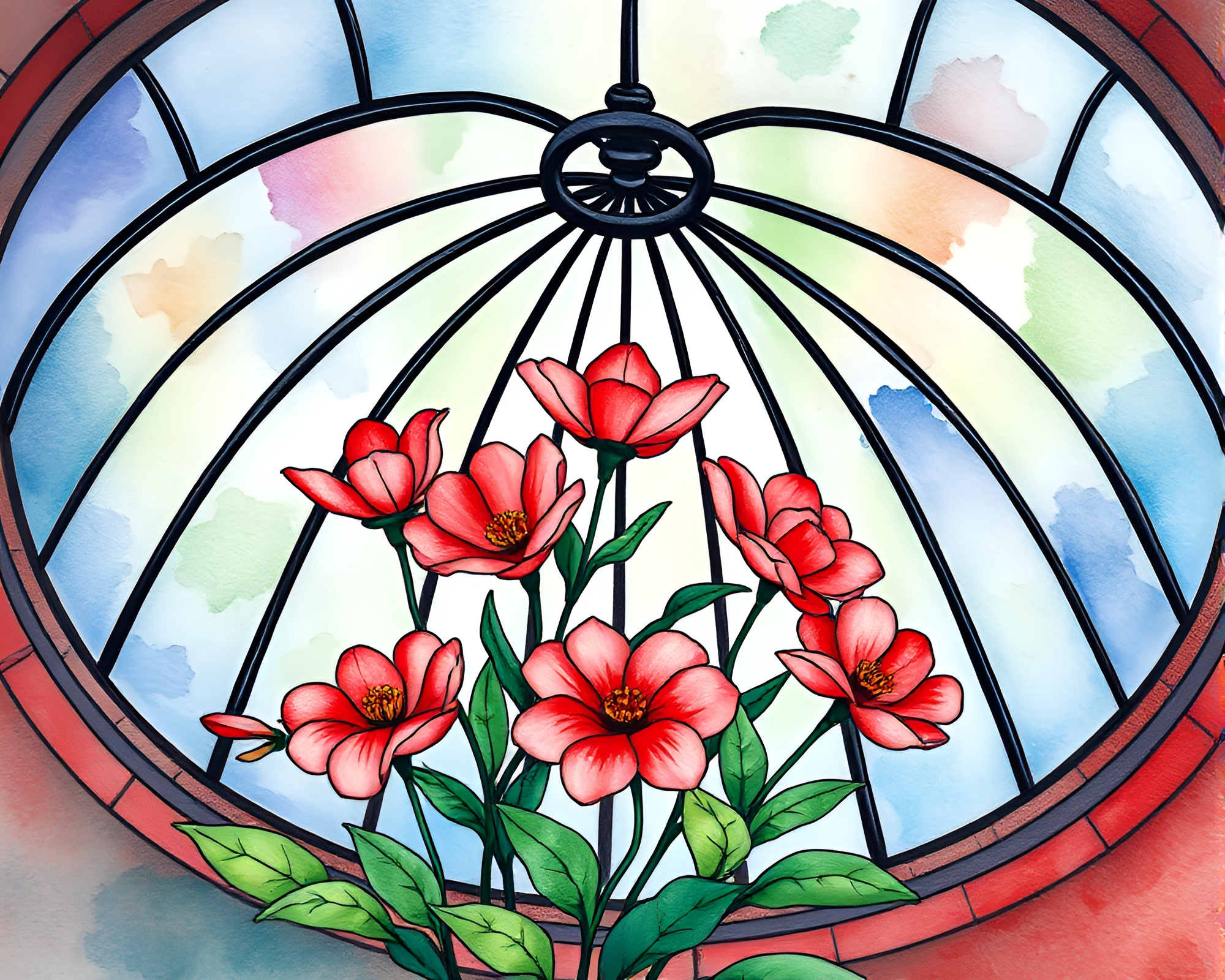 Enchanting Stained Glass Dome in Brick Red Atmosphere – free AI stock image