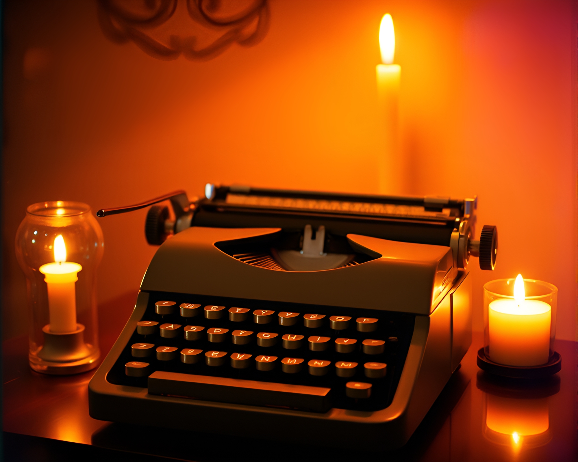 Iridescent Antique Typewriter in Candlelit Trompe-l’oeil – free AI stock image