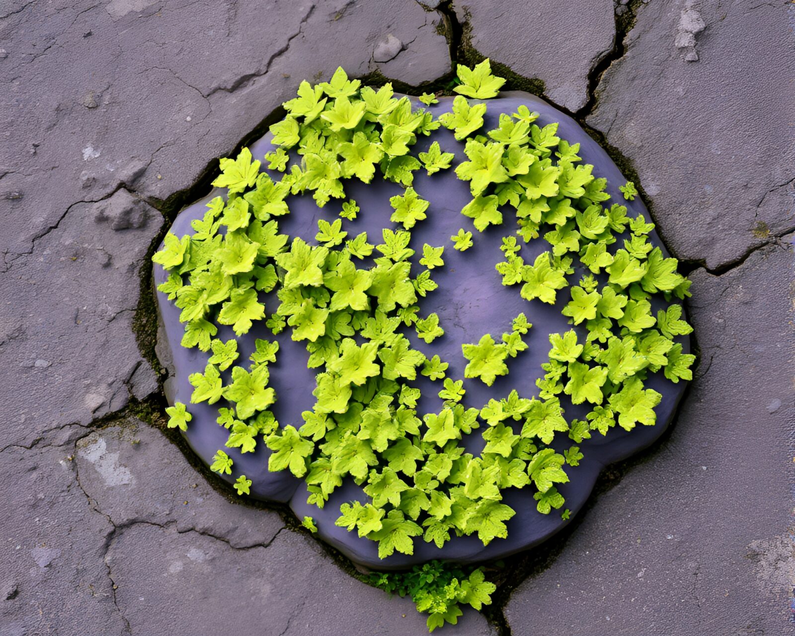 Majestic golem surrounded by vibrant amethyst lichen textures