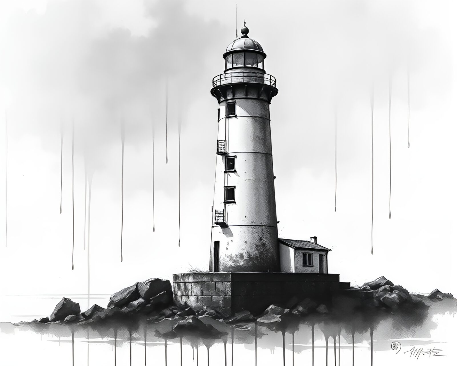 Architectural rendering of abandoned lighthouse in ink wash drips