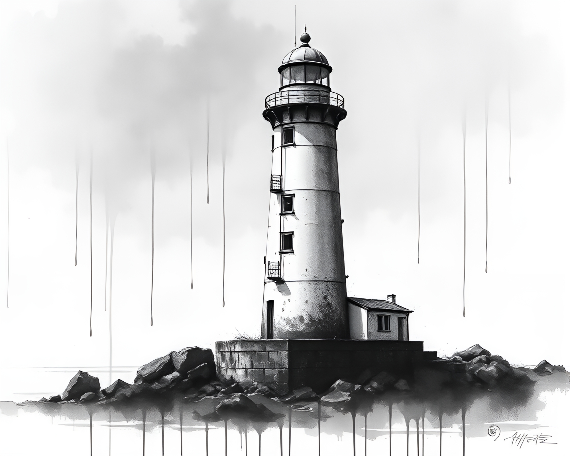 Ethereal Ink Wash Lighthouse with Split-Toning Glow – free AI stock image