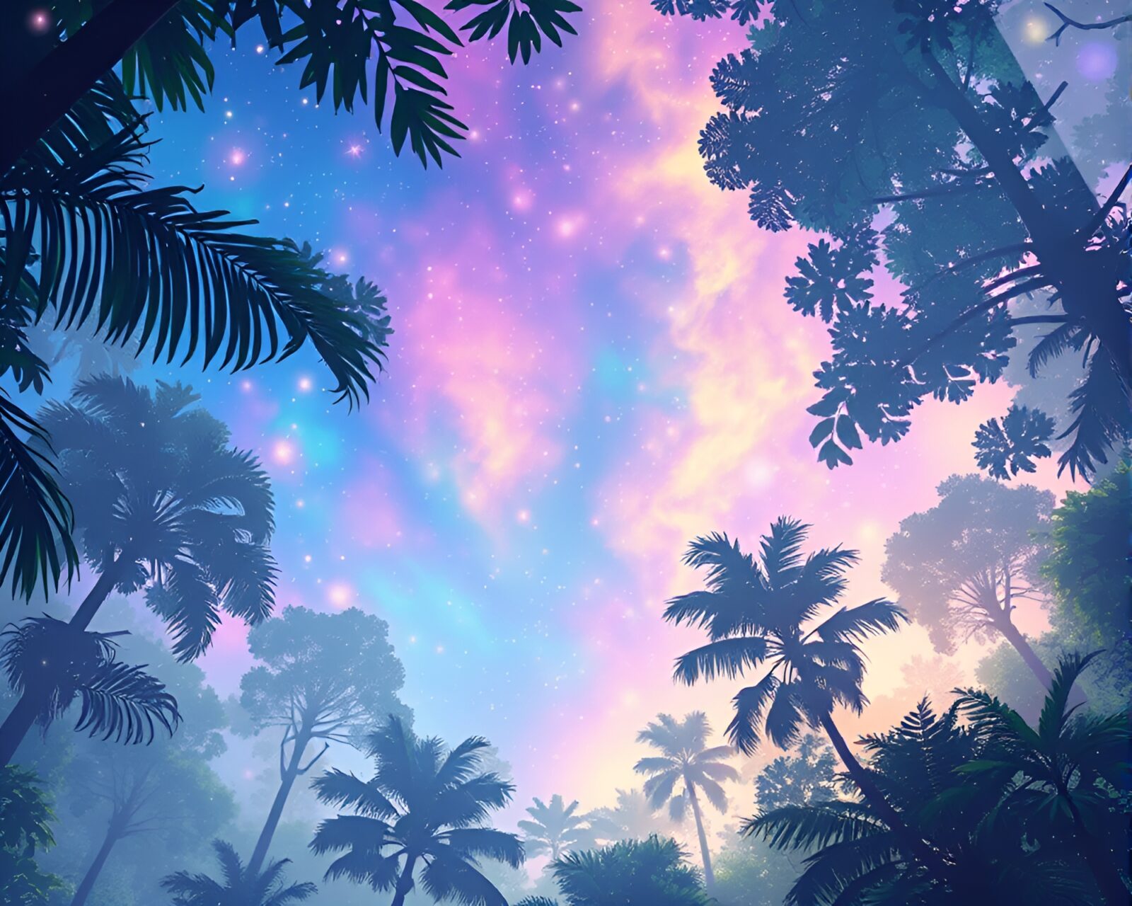 Vibrant soap film reflecting cosmic hues amidst lush pixelated rainforest.