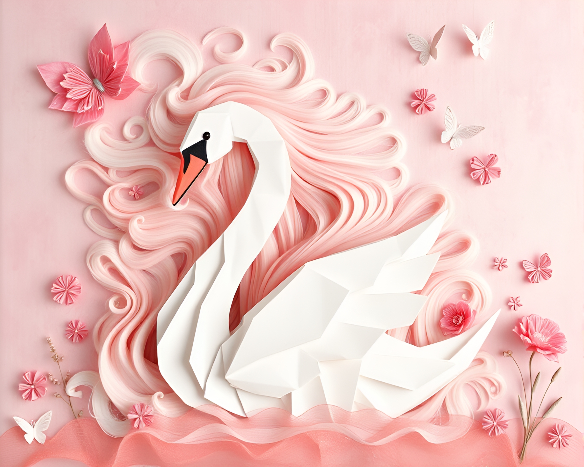 Ethereal Origami Swan Collage in Hair Simulation – free AI stock image