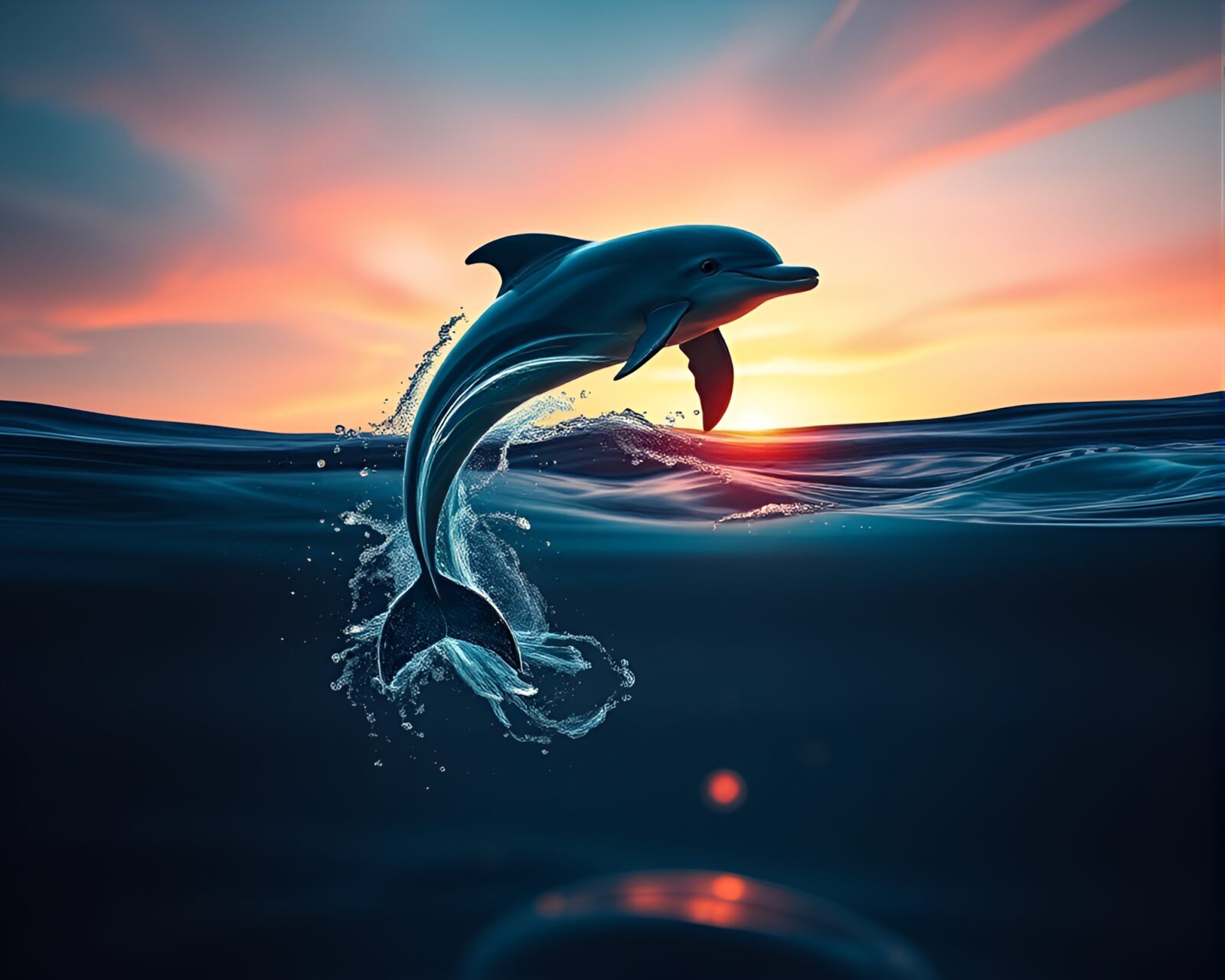 Beautiful pastel-lit silhouette of dolphins swirling in a vortex