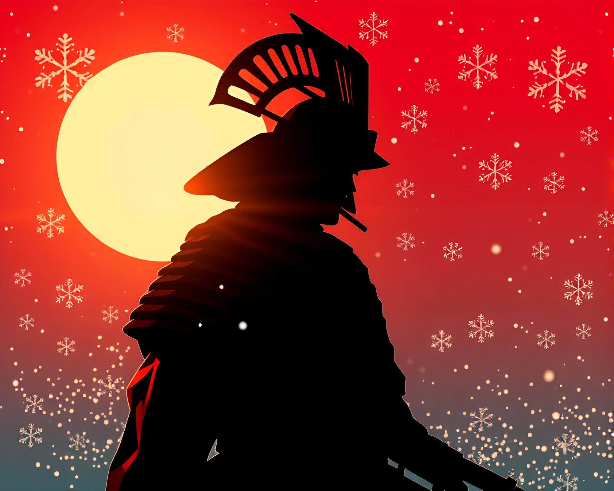 Snowflakes Samurai: Backlit Pop Art Silhouette – free AI stock image