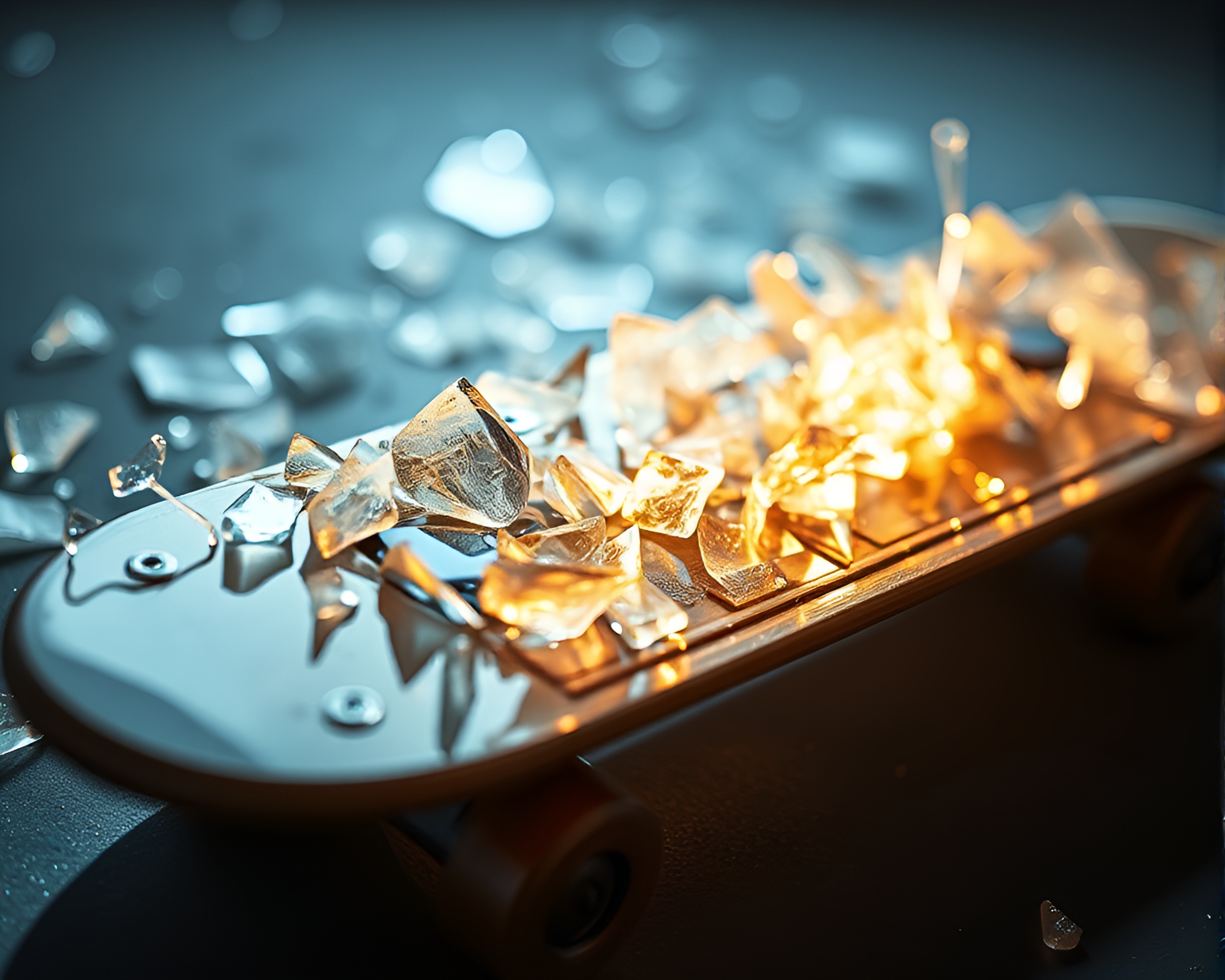 Futuristic Hoverboard Ride Through Glass Shards – free AI stock image