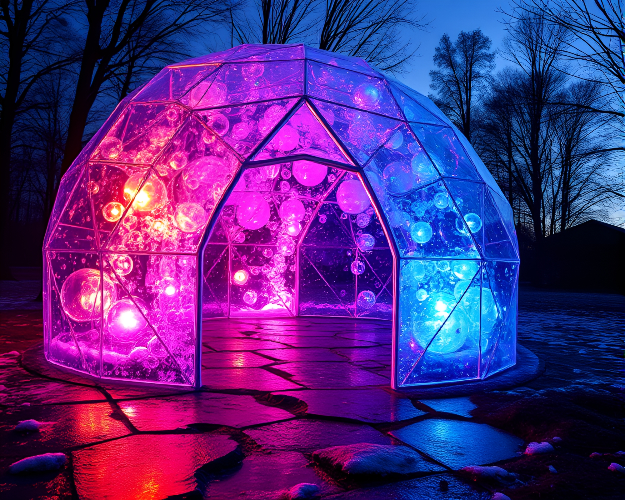 Glass Igloo Bubble Cluster in Indigo Mystery Light – free AI stock image