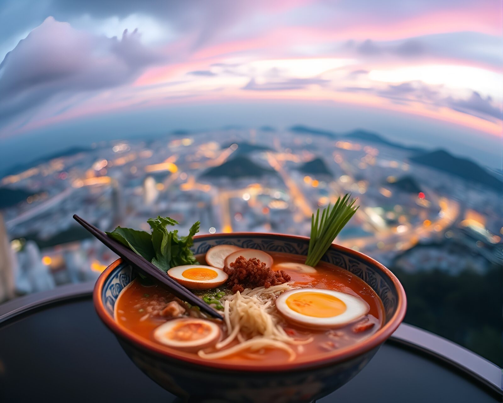 Pastel-colored ramen bowl blending into planetary scenery.