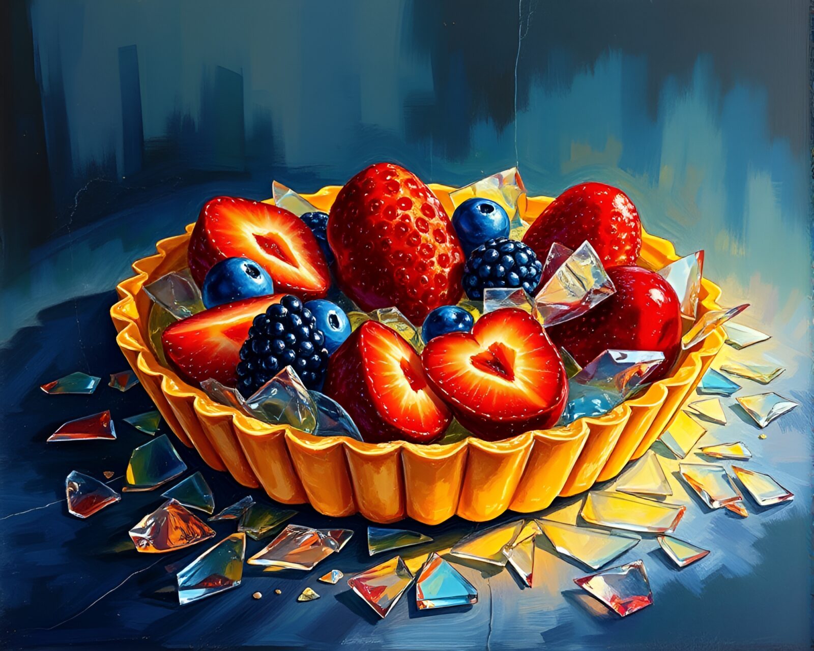 Acrylic painting of vibrant fruit tart surrounded by glass shards
