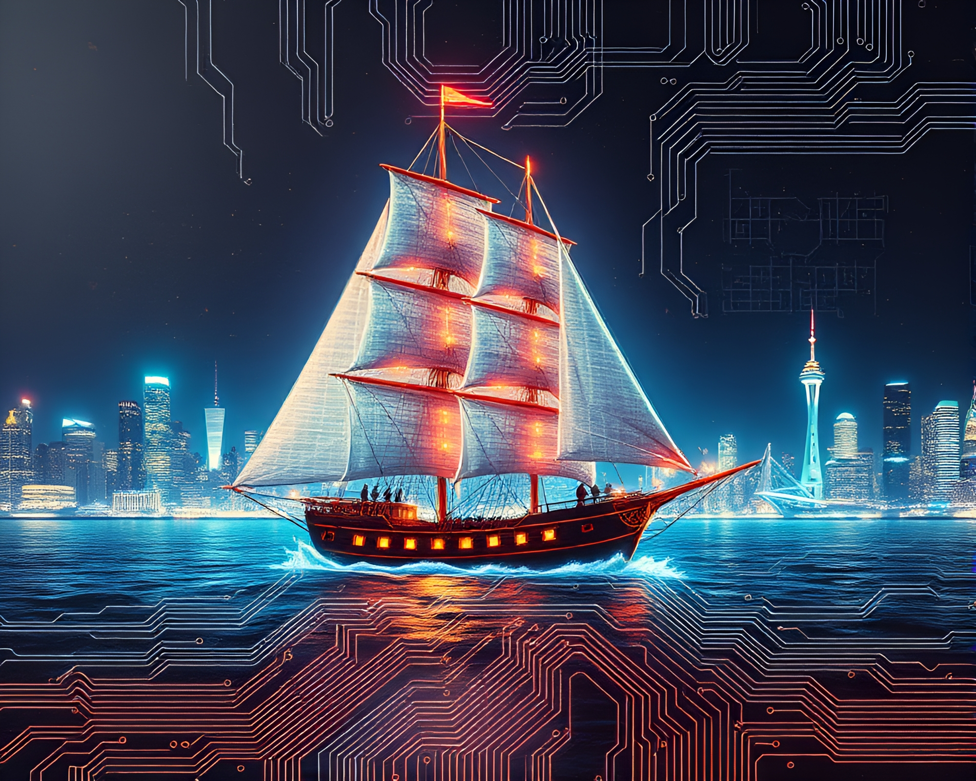 Neon City Sailing Ship on Circuit Board Sea – free AI stock image