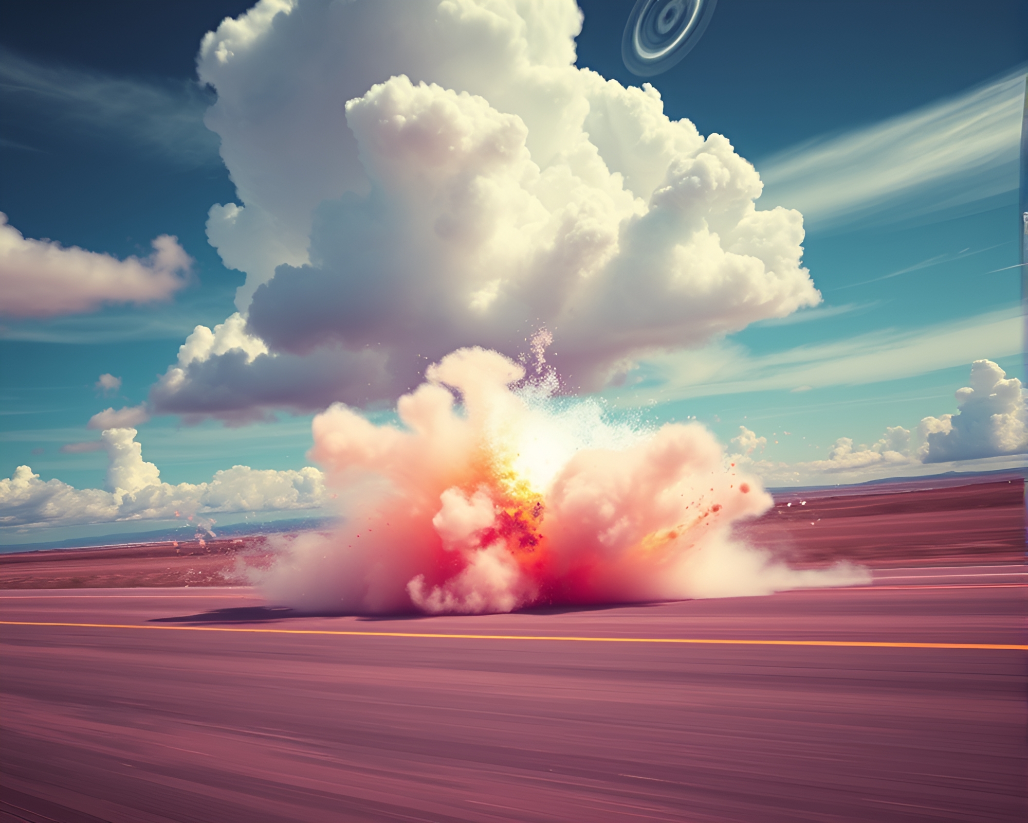 Explosive Flying Car in Surreal Stereograph – free AI stock image