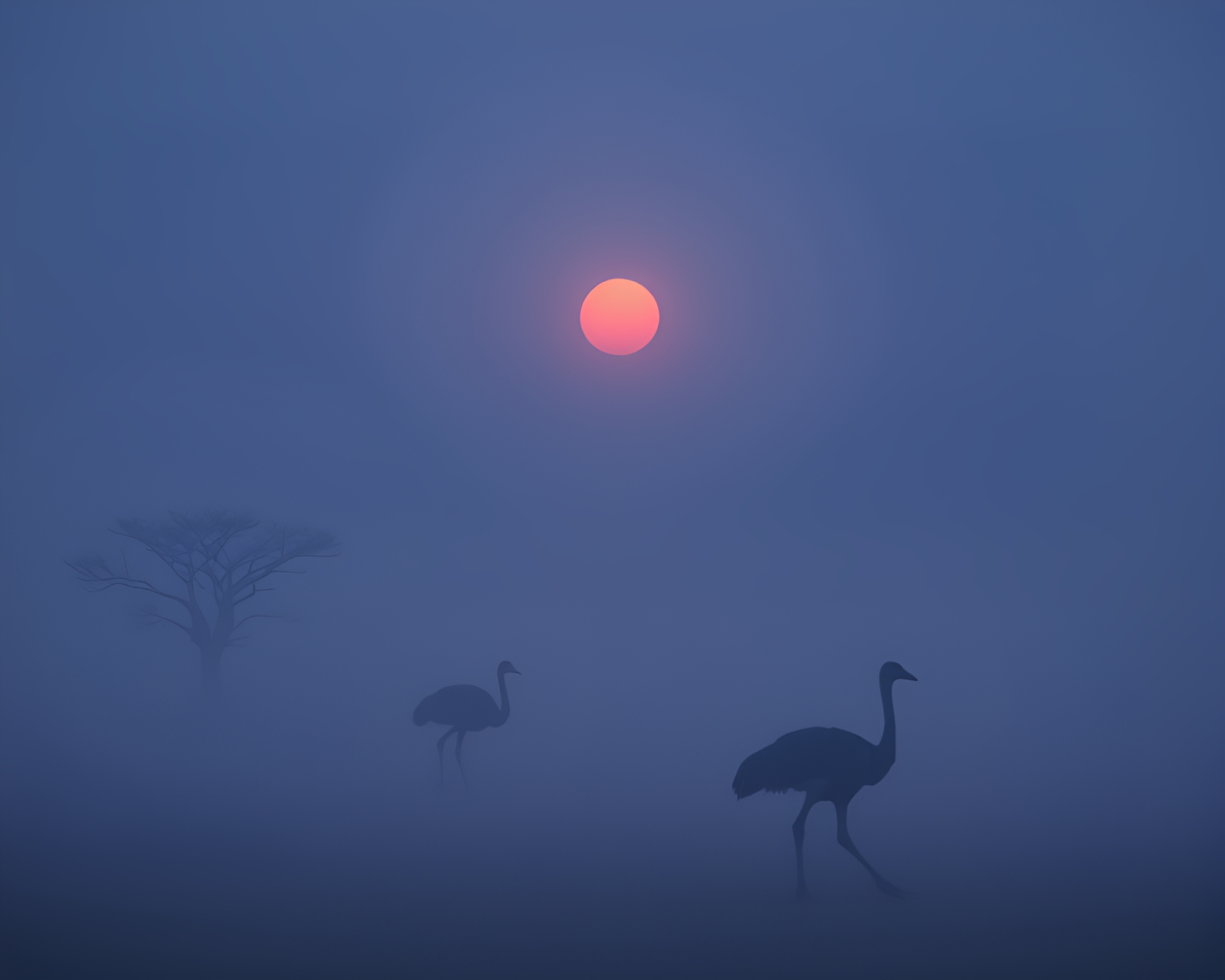Misty Dawn Encounter: Ostrich in Technical Illustration – free AI stock image