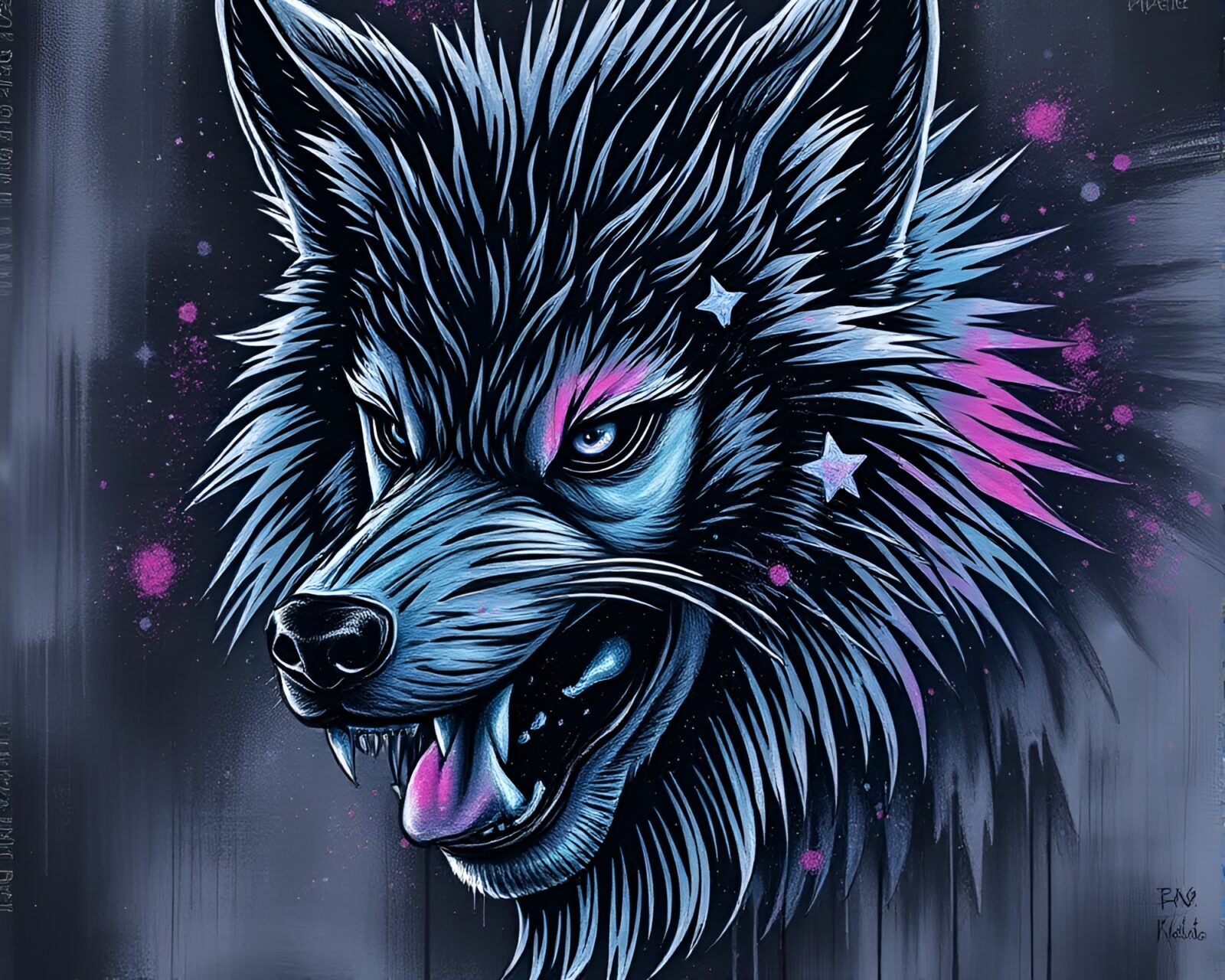 A spray painted graffiti depicting a cosmic-themed werewolf.