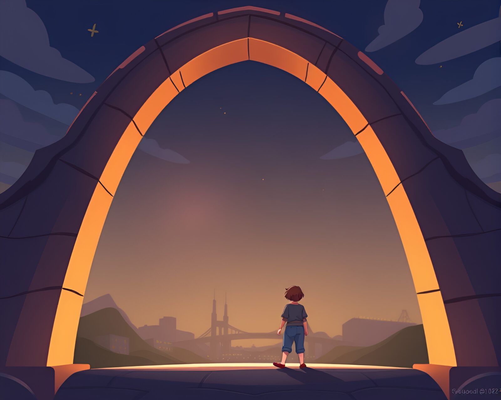Whimsical cartoon characters on a lit arch bridge at dusk