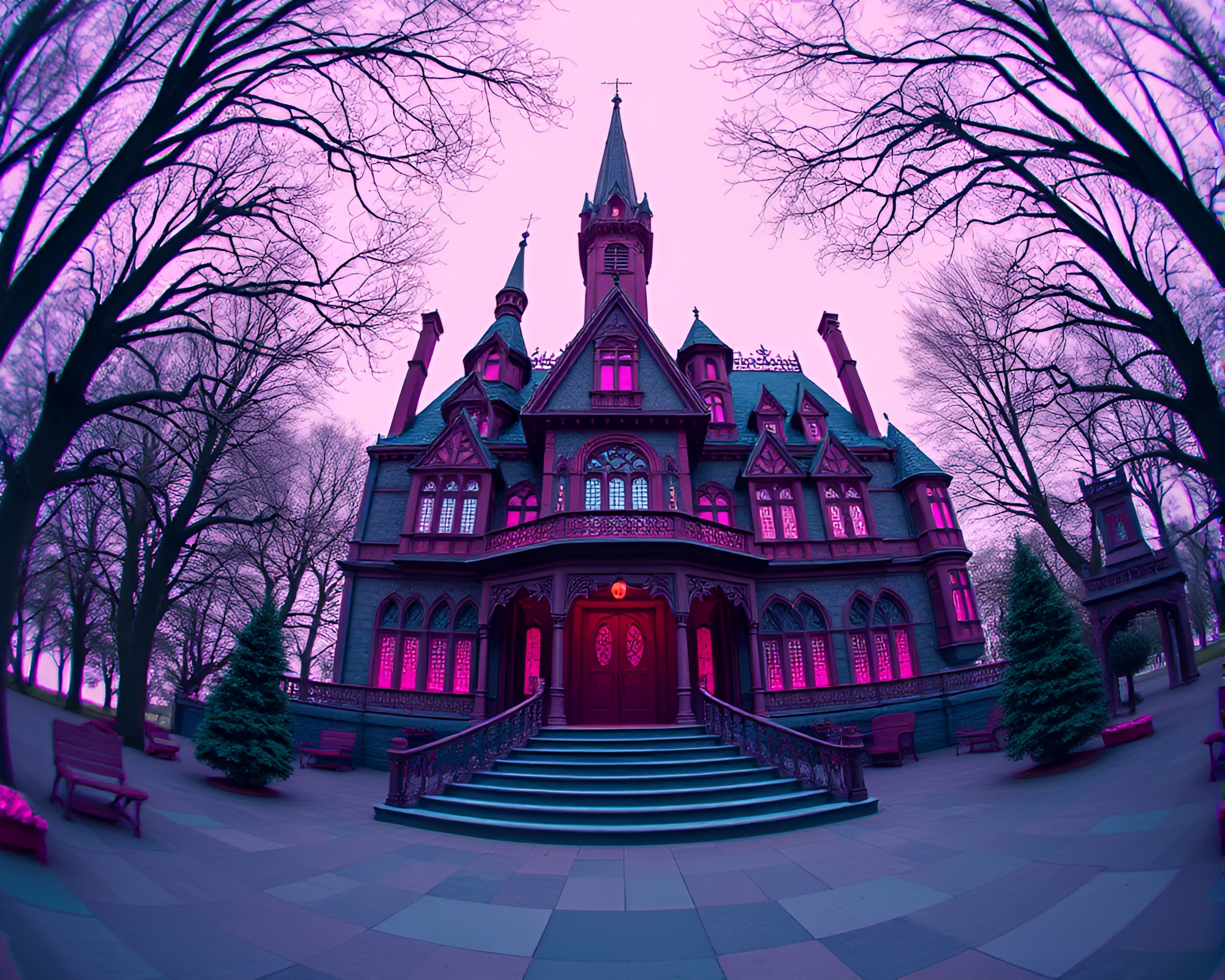 Gothic Mansion Fisheye Rendering with Magenta Lighting – free AI stock image