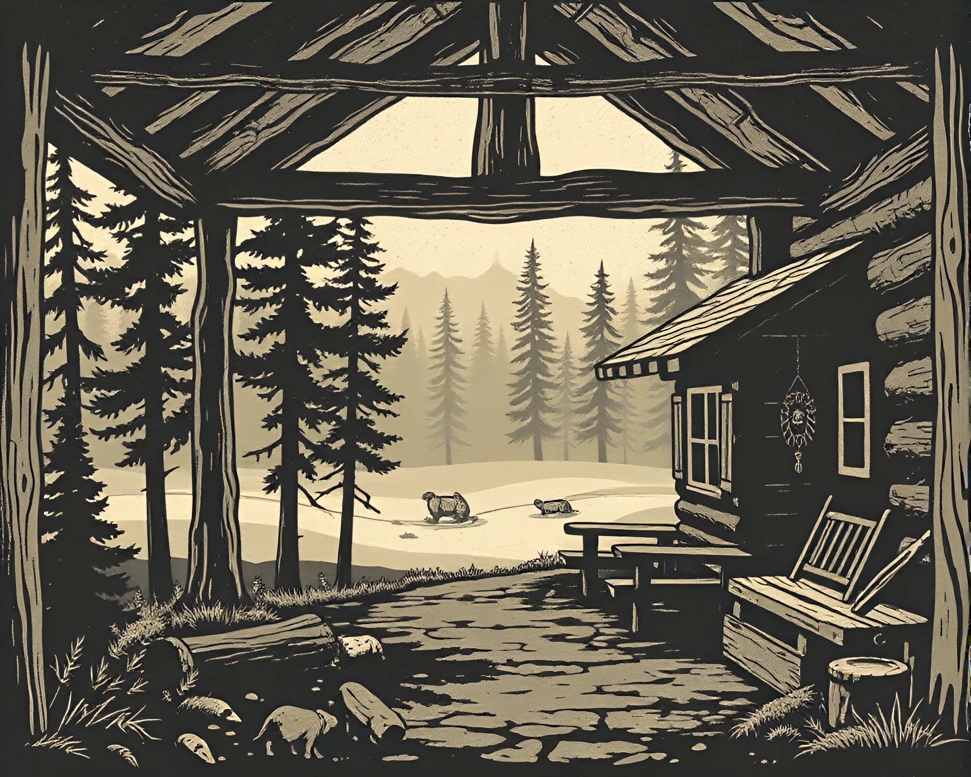 Rustic Woodcut Print: Pixelated Cabin in Earth Tones – free AI stock image
