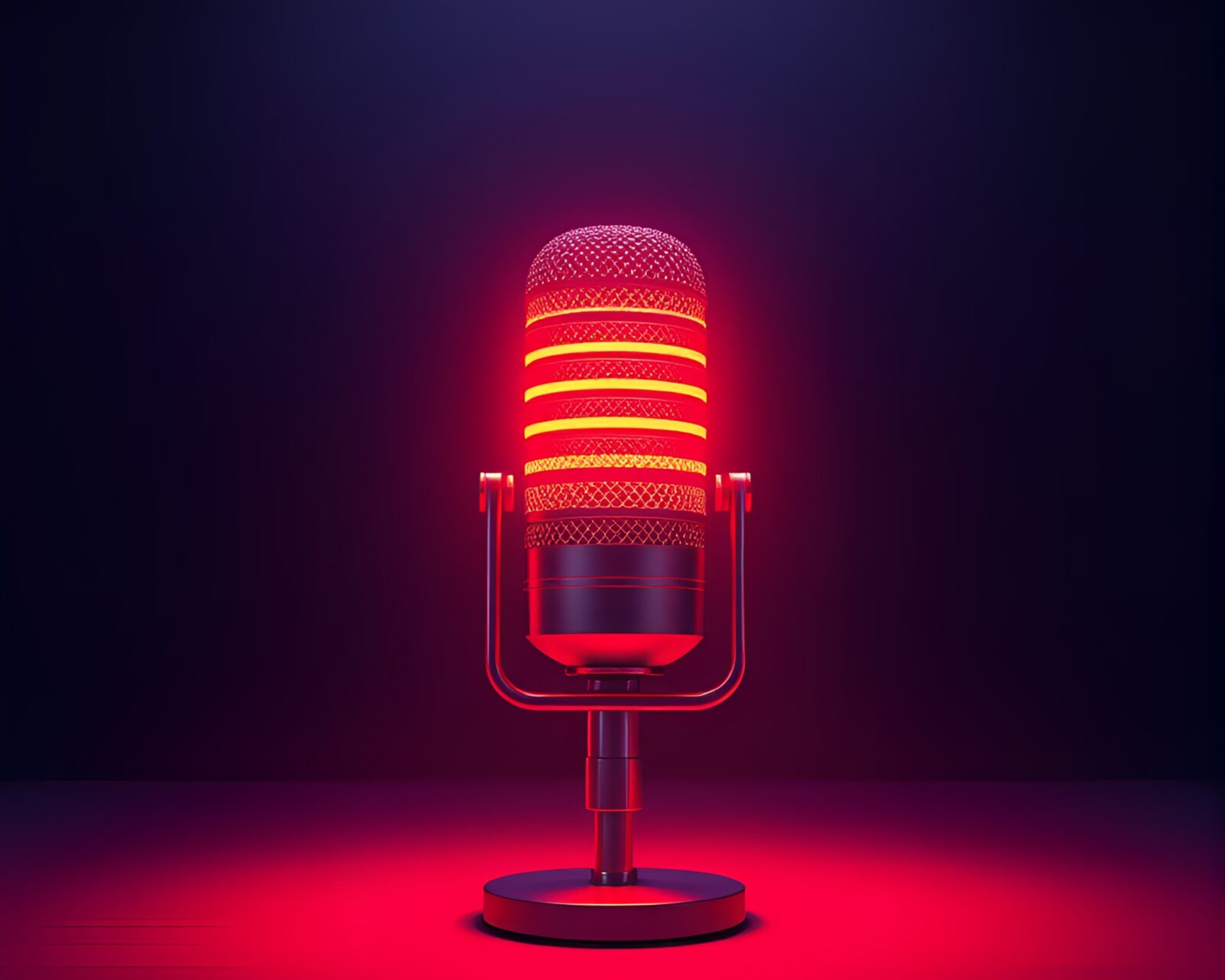 Two asymmetrical anime microphones glowing under neon lights