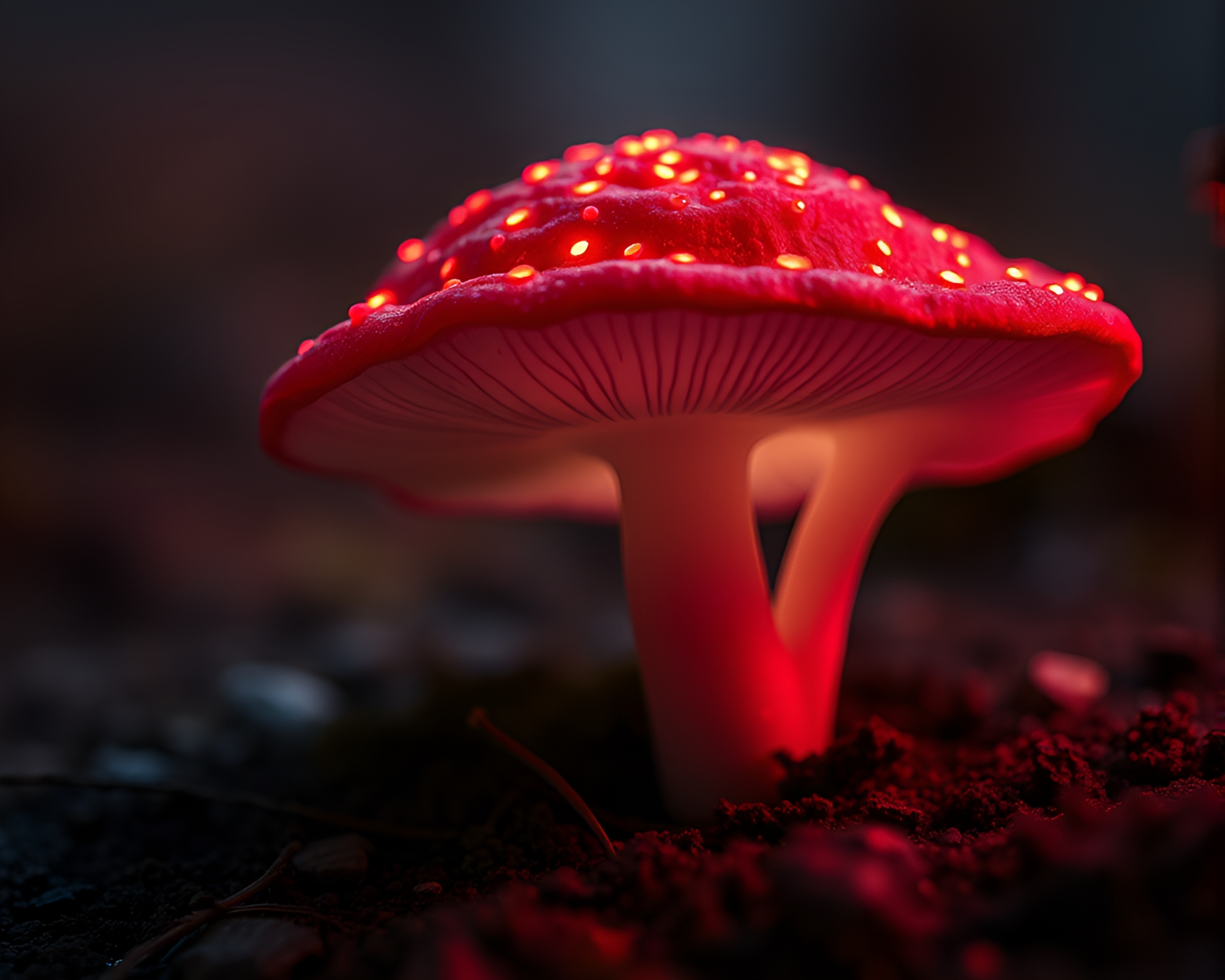Bioluminescent Fungi Illuminating Tilted Brick Red Forest – free AI stock image