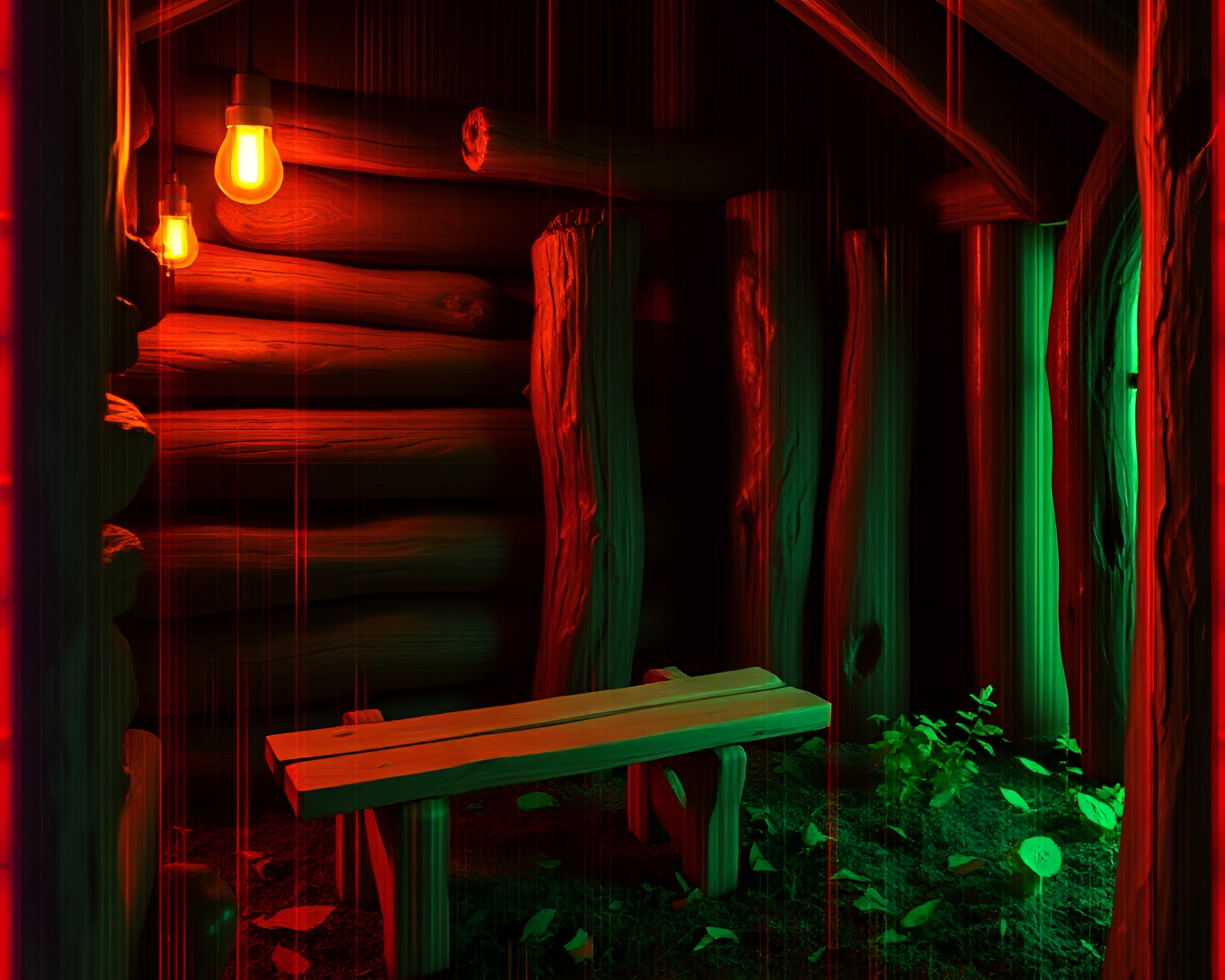 Rustic Cabin Retreat: Glitched Leaf Vein Shadows – free AI stock image