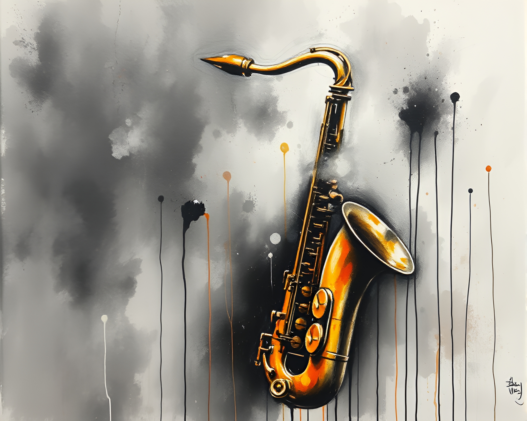 Saxophone Serenade in Charcoal Sketch with Paint Drips – free AI stock image