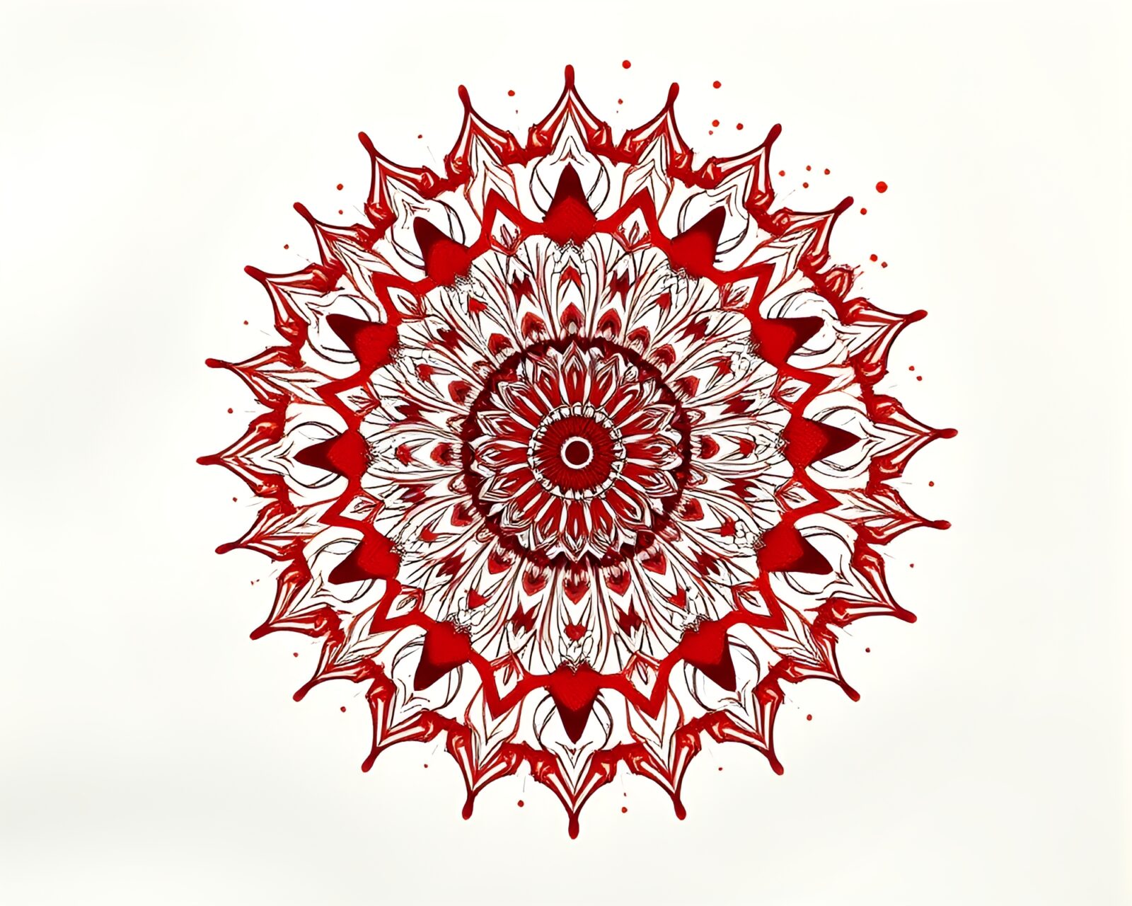 Vibrant mandala pattern with ink splashes in brick red