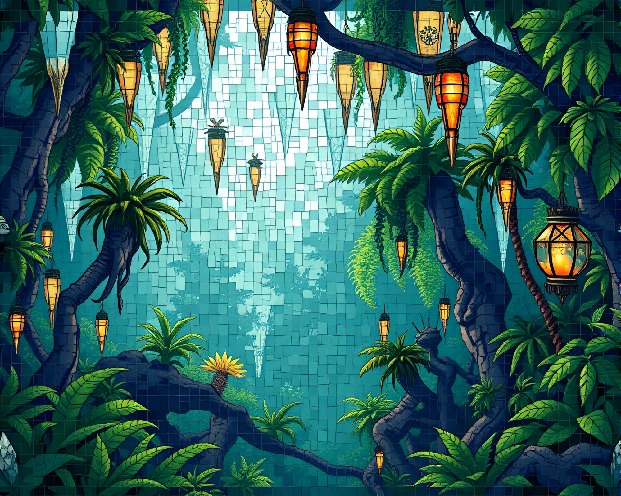 Steampunk Jungle Canopy with Floating Crystals Mosaic Art – free AI stock image