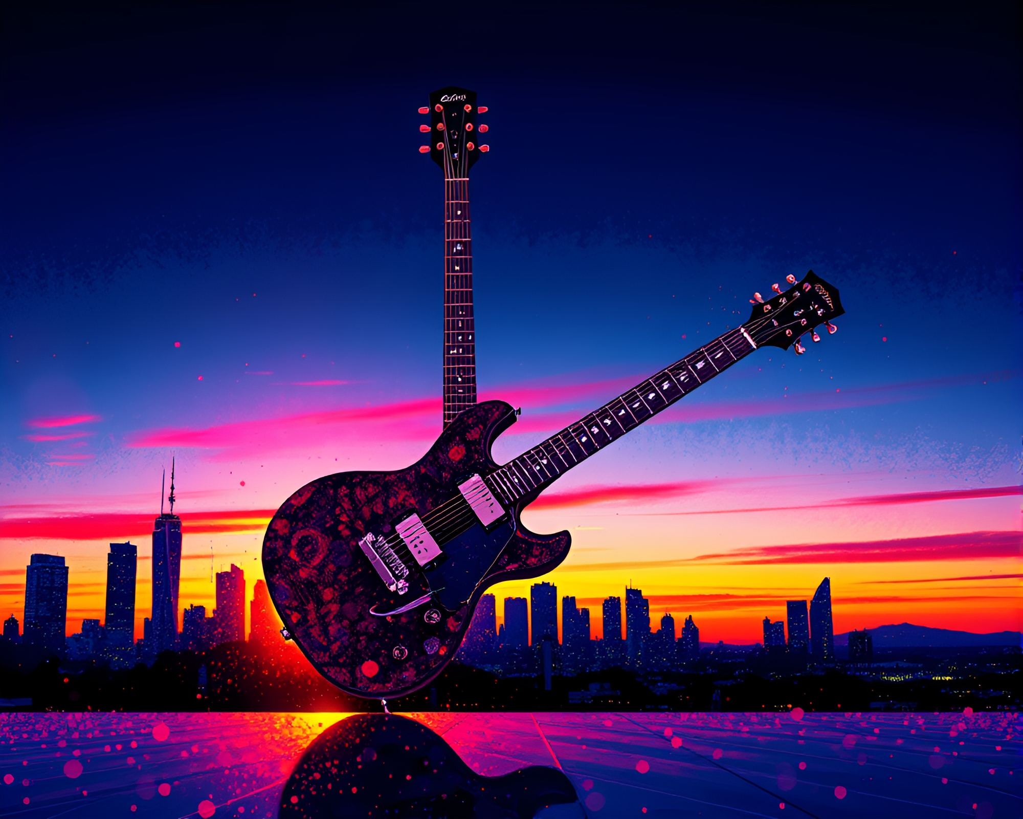 Acrylic Guitar Silhouette at Sunset Skyline – free AI stock image
