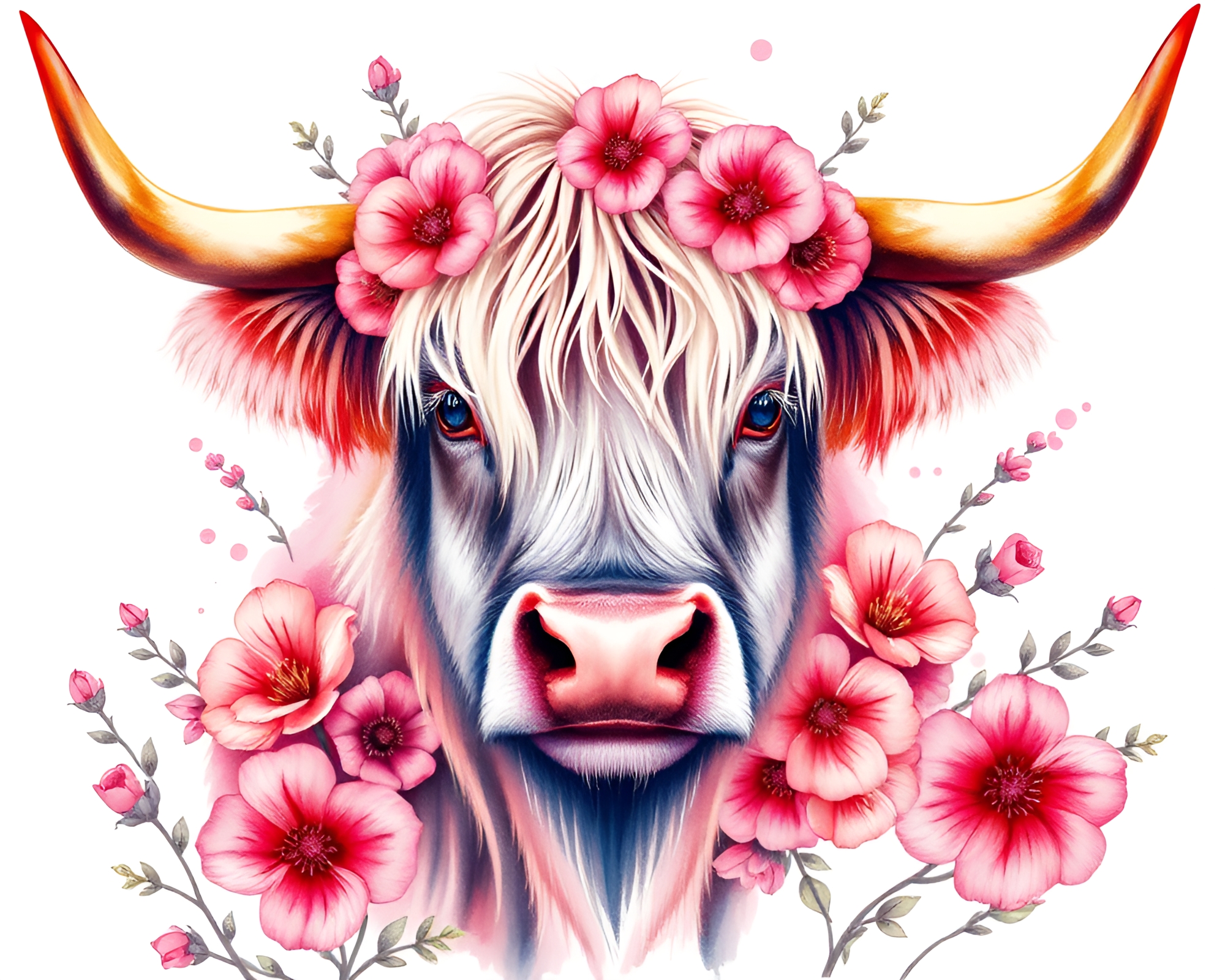 Highland Cow Watercolor Blooms Neon Sign Portrait – free AI stock image
