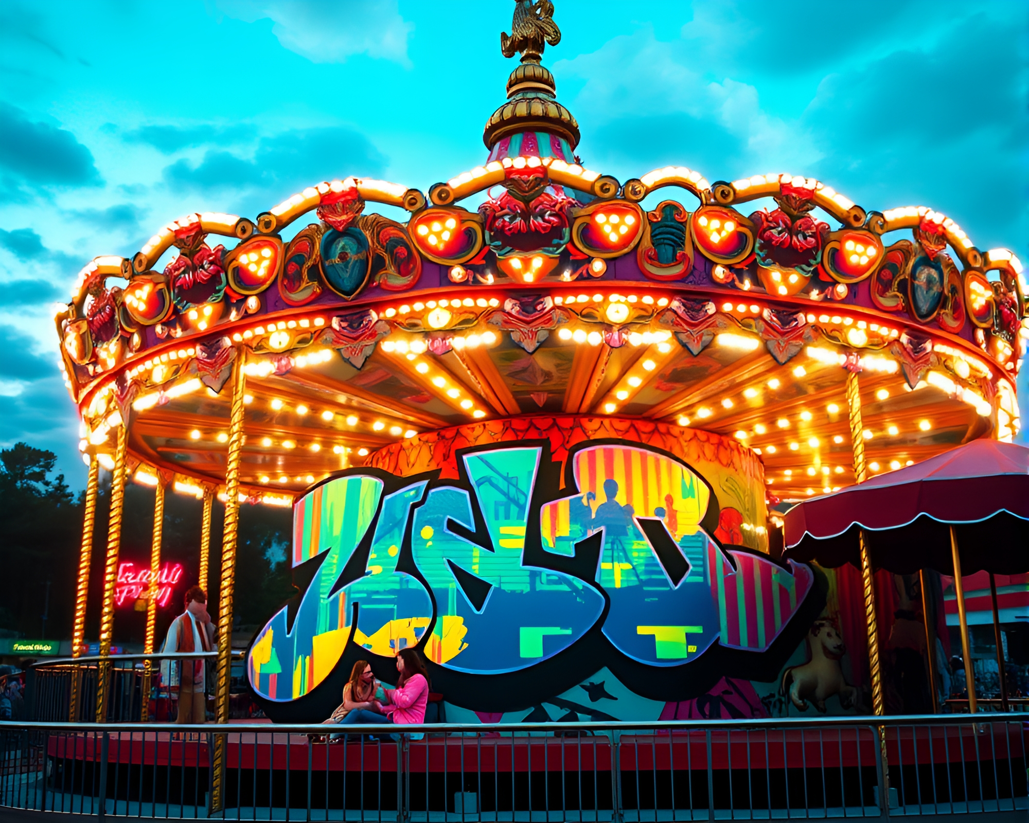Carnival Carousel Graffiti Mural with Holographic Sheen – free AI stock image