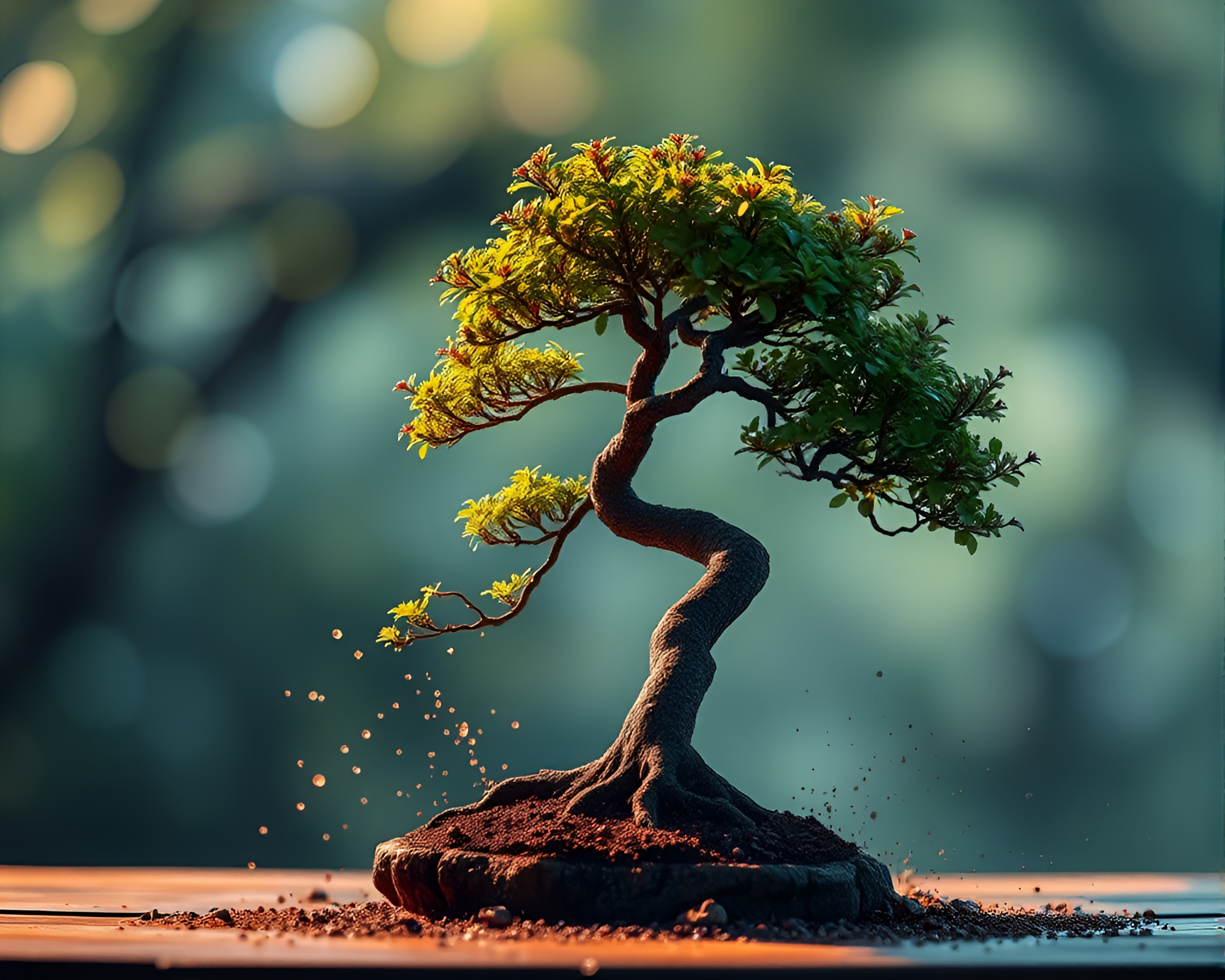 Ink-splashed Bonsai in Bokeh Lights – free AI stock image