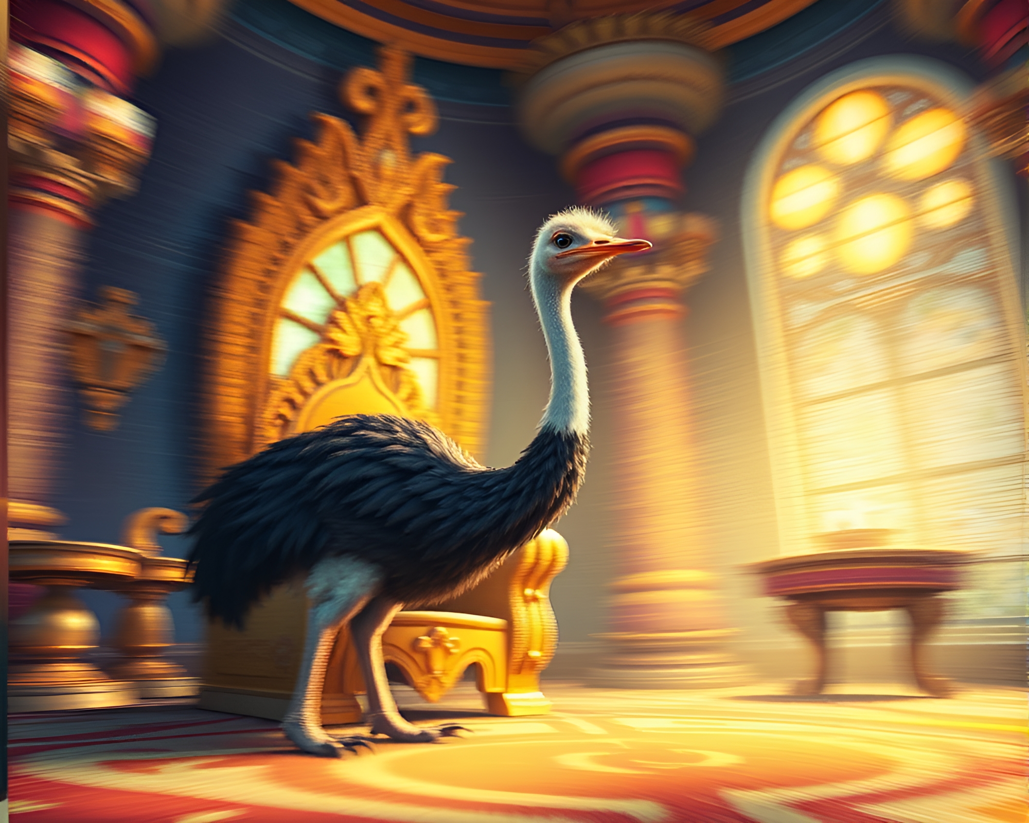 Graceful Ostrich in Throne Room Glow – free AI stock image