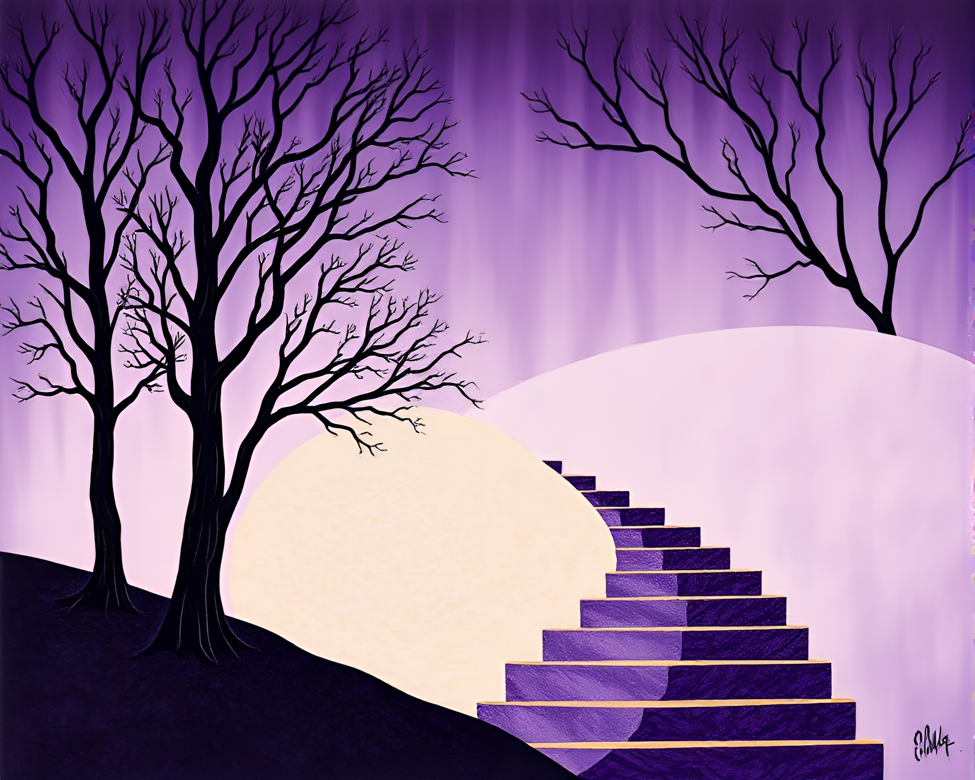 Surreal Foil-Stamped Escher Staircase in Amethyst Hues – free AI stock image
