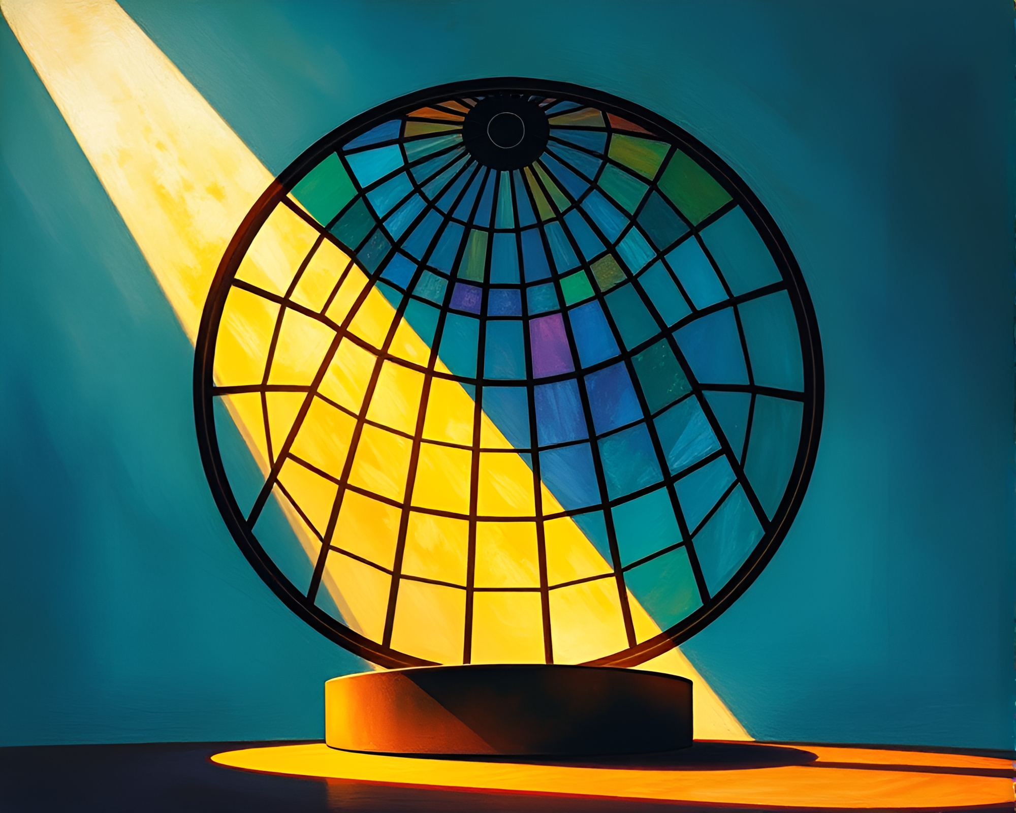 Stained Glass Dome Illuminated by Spotlight in Tempera Painting – free AI stock image