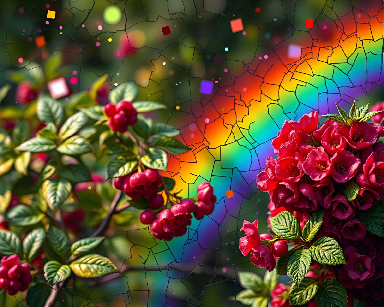Colorful raspberry bush mosaic under cosmic rainbow light