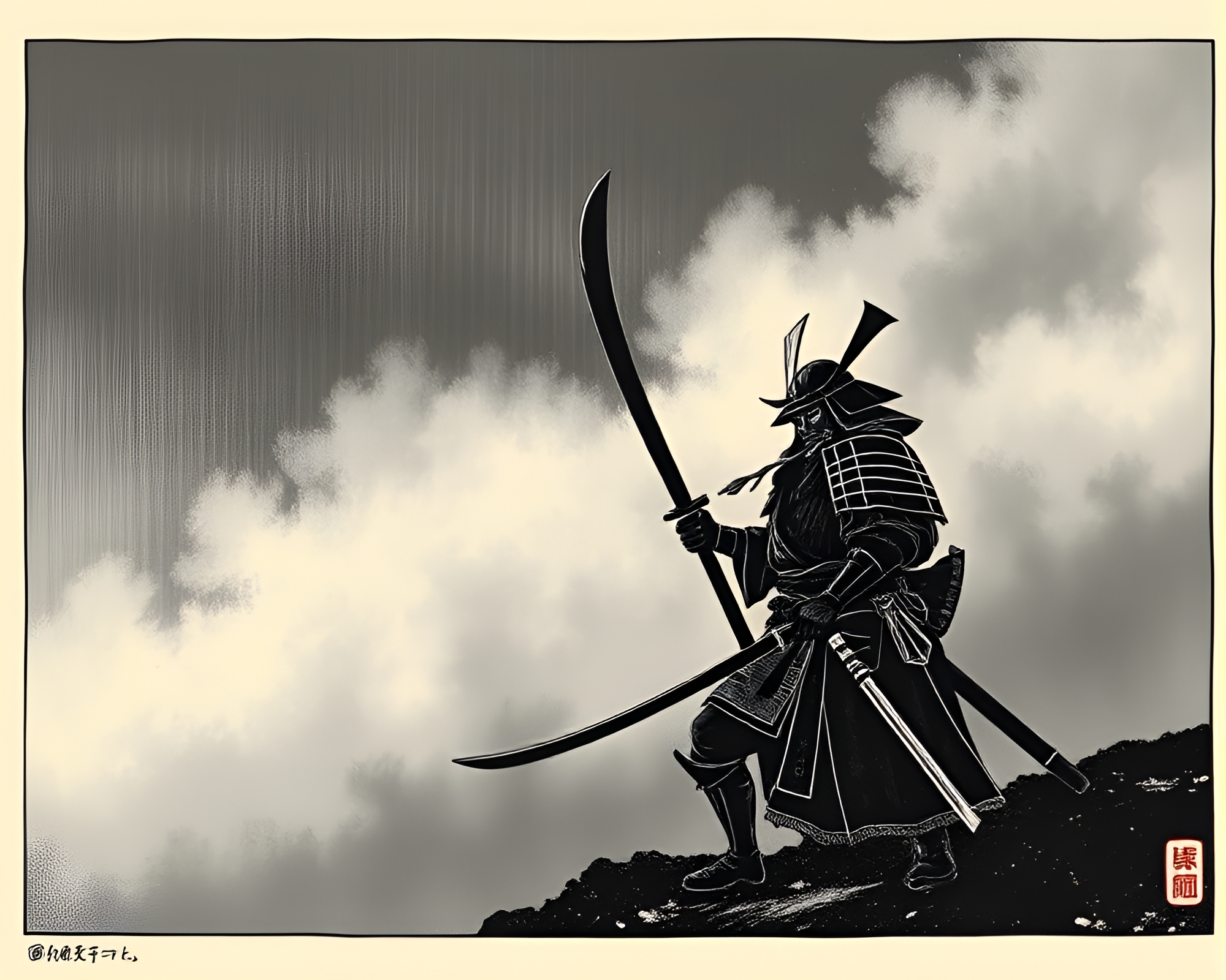 Silent Samurai in Misty Woodcut Print – free AI stock image