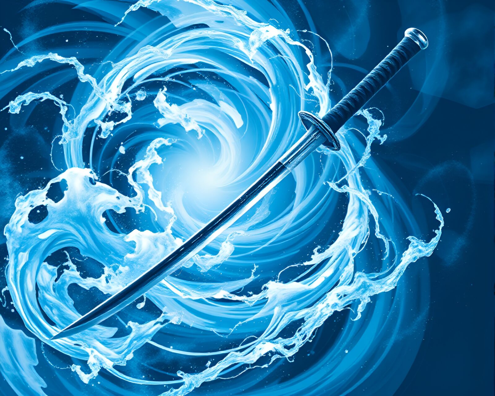 Blueprint-style illustration of a samurai wielding a sword in swirling ice-blue vortex.
