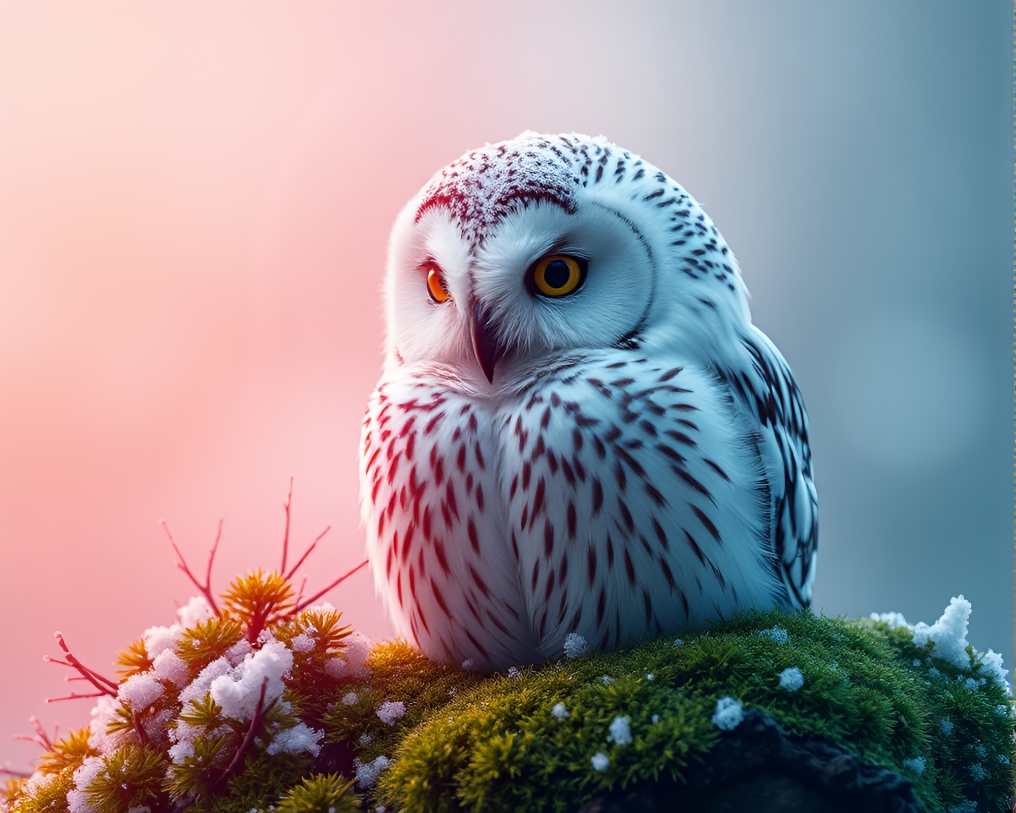 Enchanting Snowy Owl Photocollage with Neon Moss Growth – free AI stock image